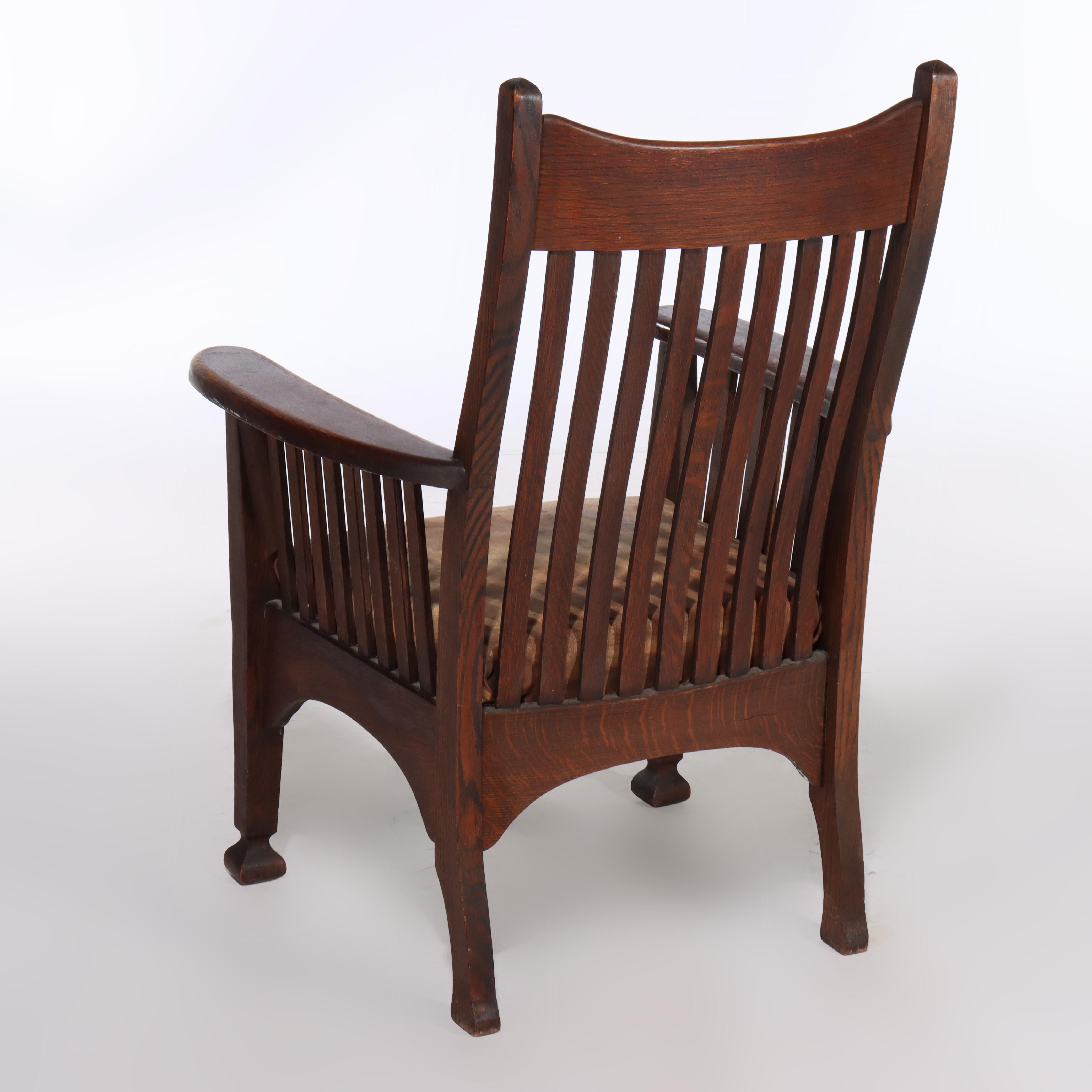 Sillón Antiguo Arts & Crafts Mission Oak Spindle Back Con Cojín De Cuero en venta 1