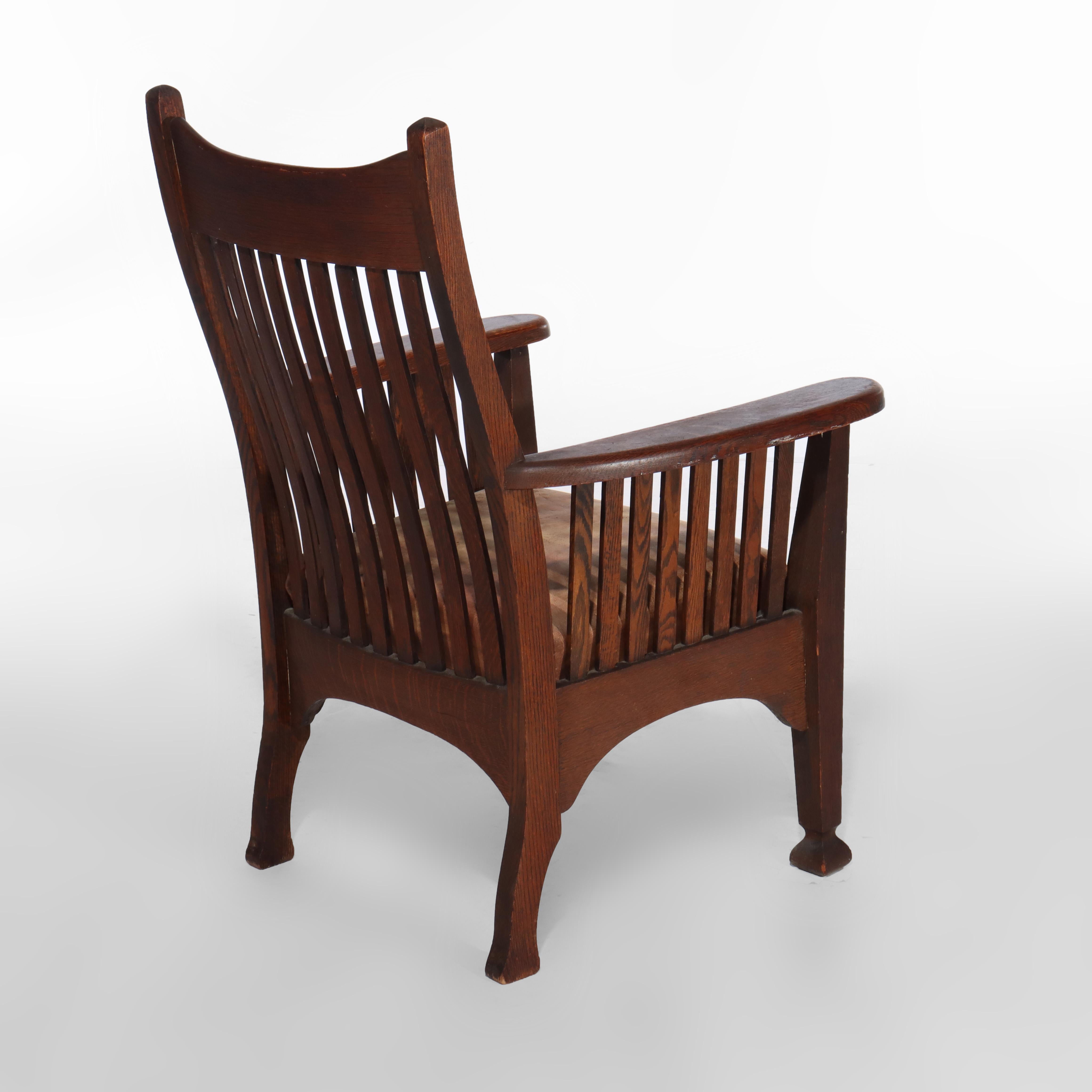 Sillón Antiguo Arts & Crafts Mission Oak Spindle Back Con Cojín De Cuero en venta 2