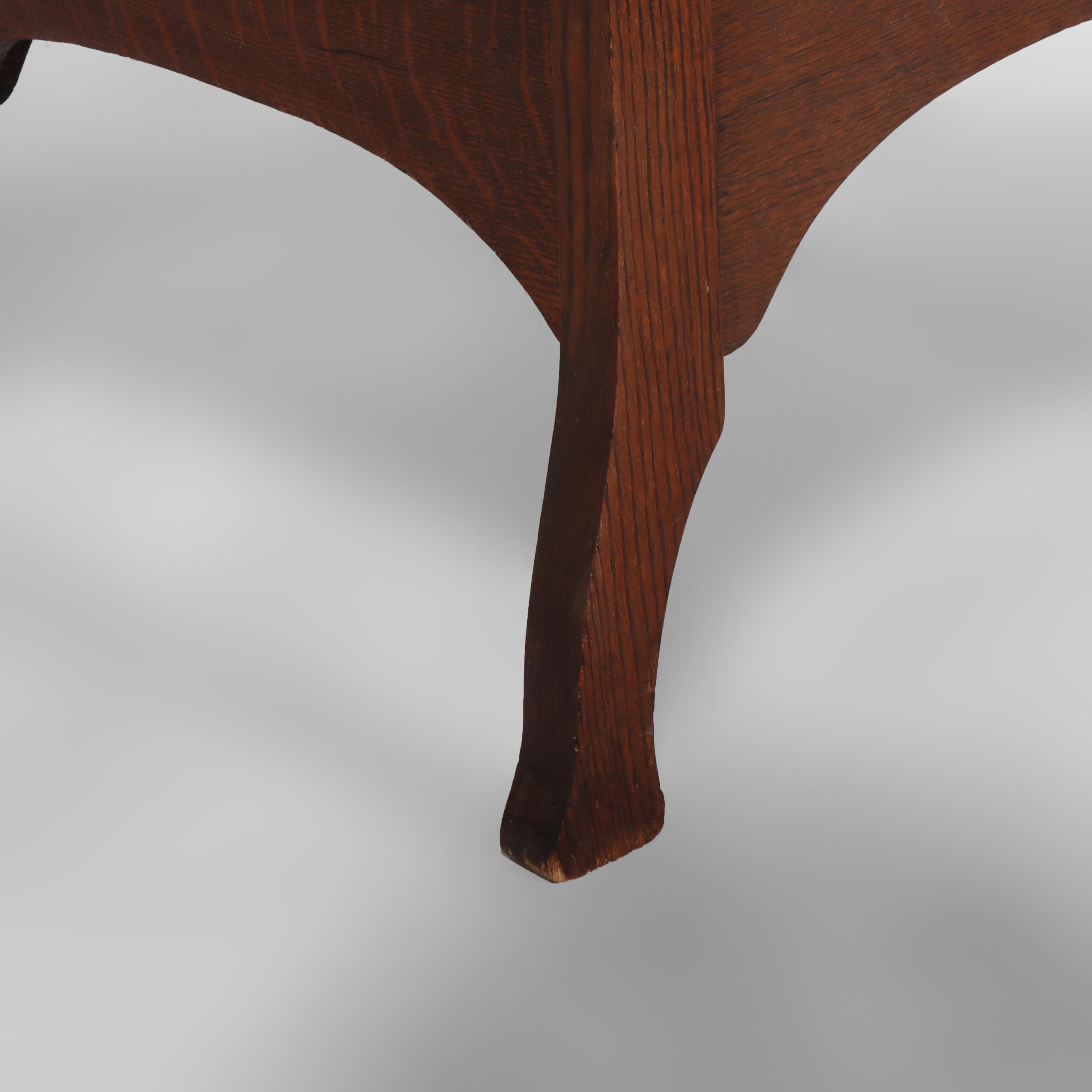 Sillón Antiguo Arts & Crafts Mission Oak Spindle Back Con Cojín De Cuero en venta 3