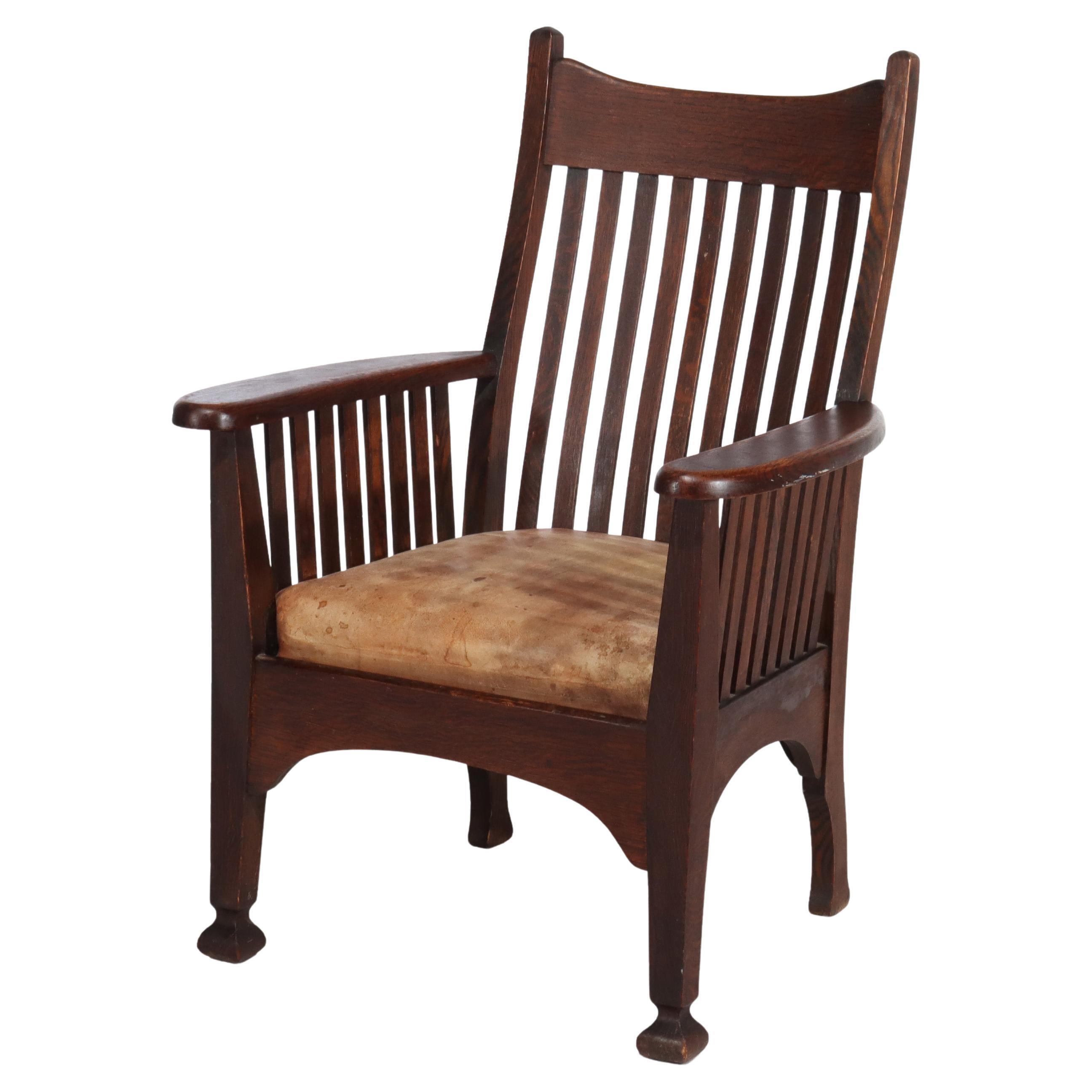 Sillón Antiguo Arts & Crafts Mission Oak Spindle Back Con Cojín De Cuero en venta