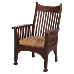 Sillón Antiguo Arts & Crafts Mission Oak Spindle Back Con Cojín De Cuero