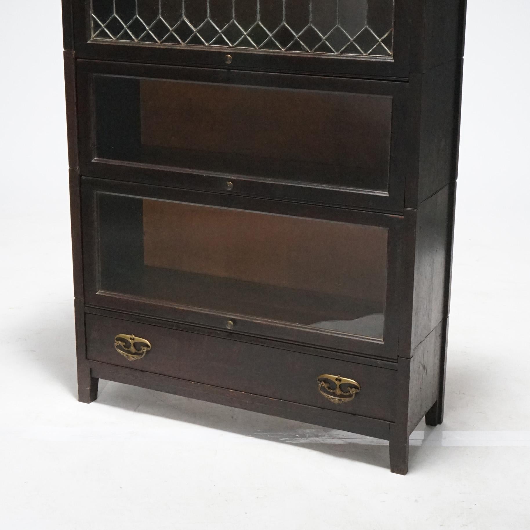 Antique Arts & Crafts Mission Oak Stack Barrister Bookcase, Leaded Top, c1910 4