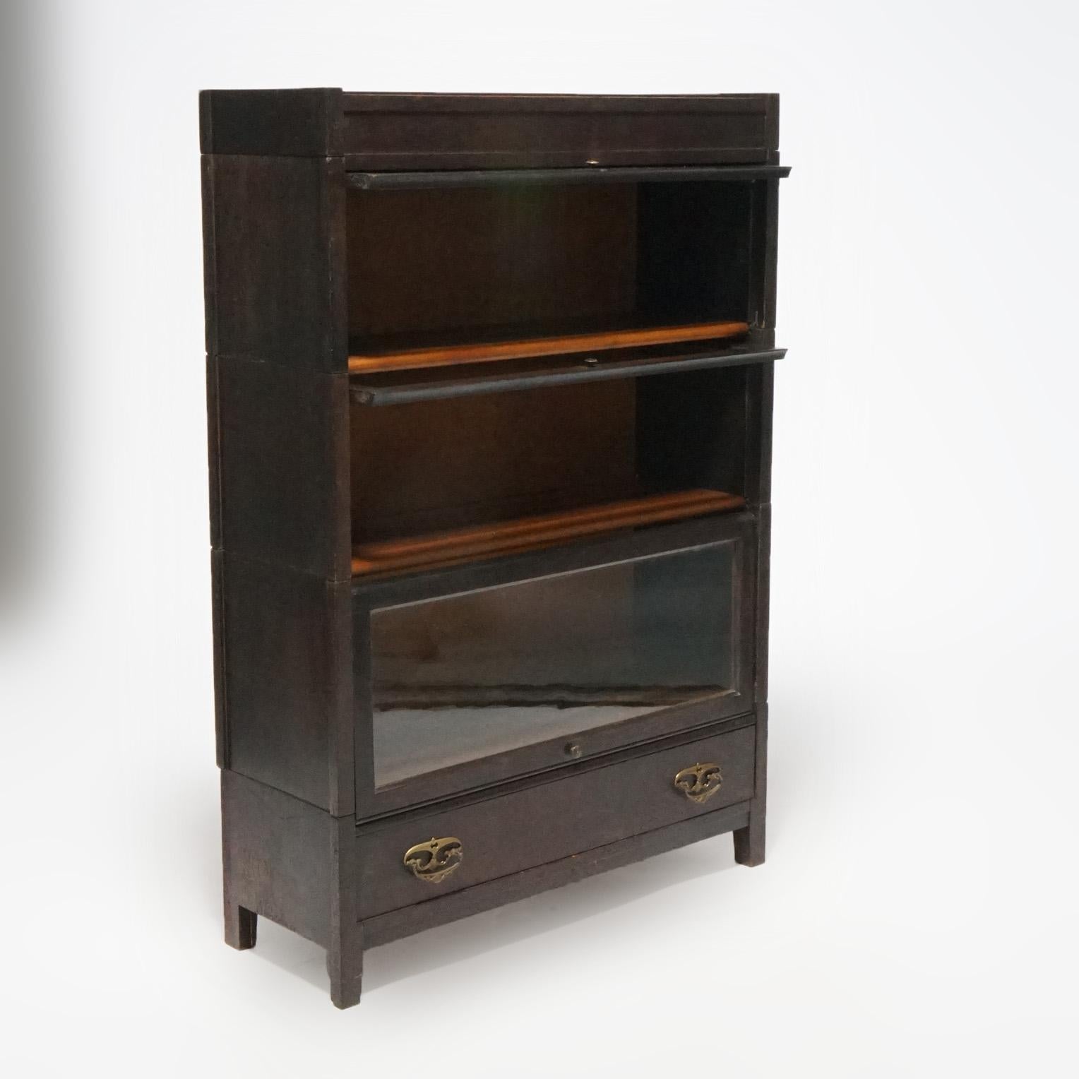 American Antique Arts & Crafts Mission Oak Stack Barrister Bookcase, Leaded Top, c1910