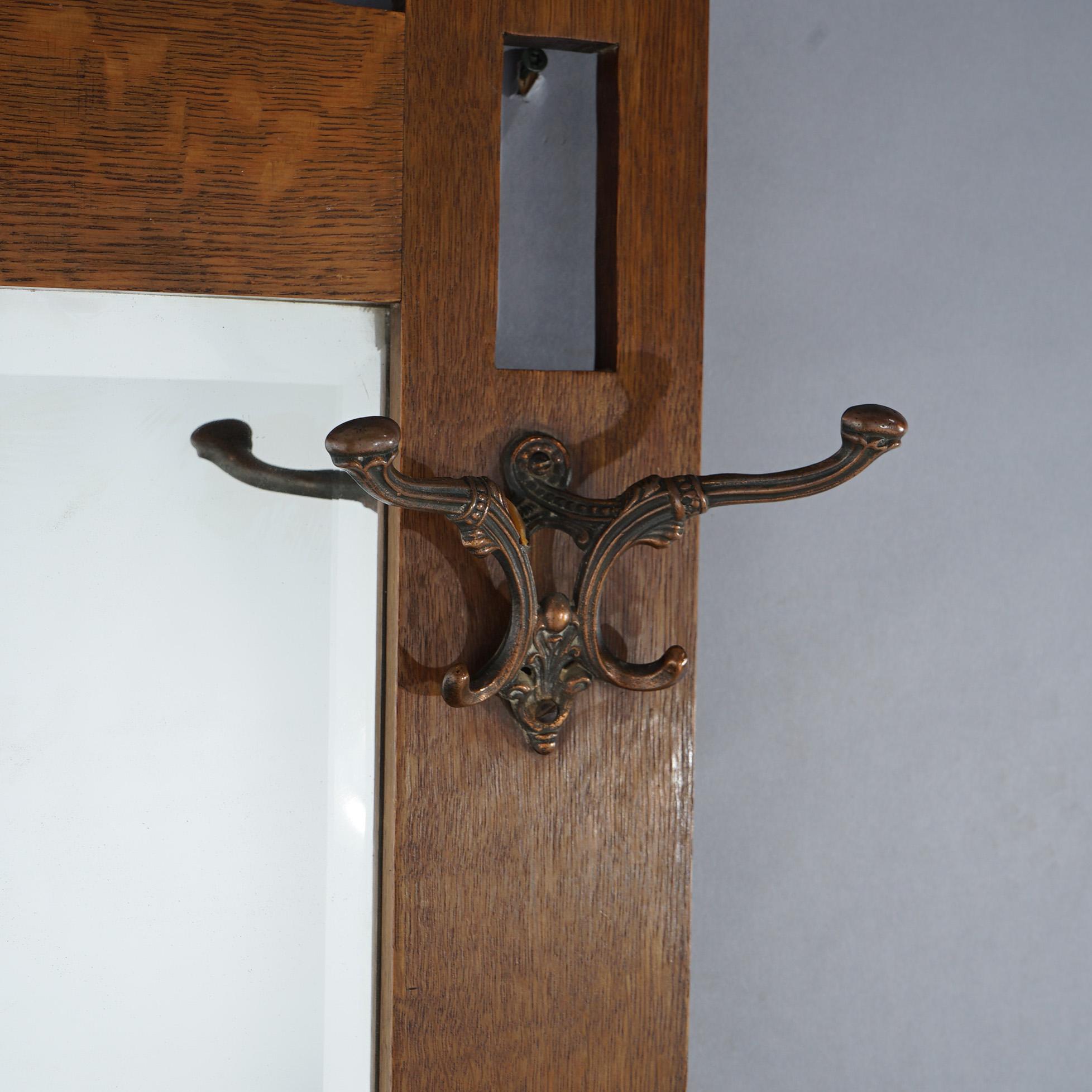 Antique Arts & Crafts Mission Oak Stickley School Wall Mirror with Hooks c1910 4