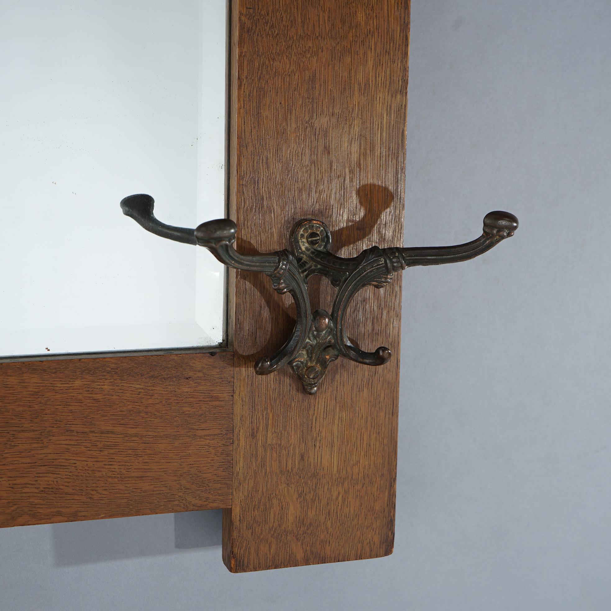 Antique Arts & Crafts Mission Oak Stickley School Wall Mirror with Hooks c1910 5