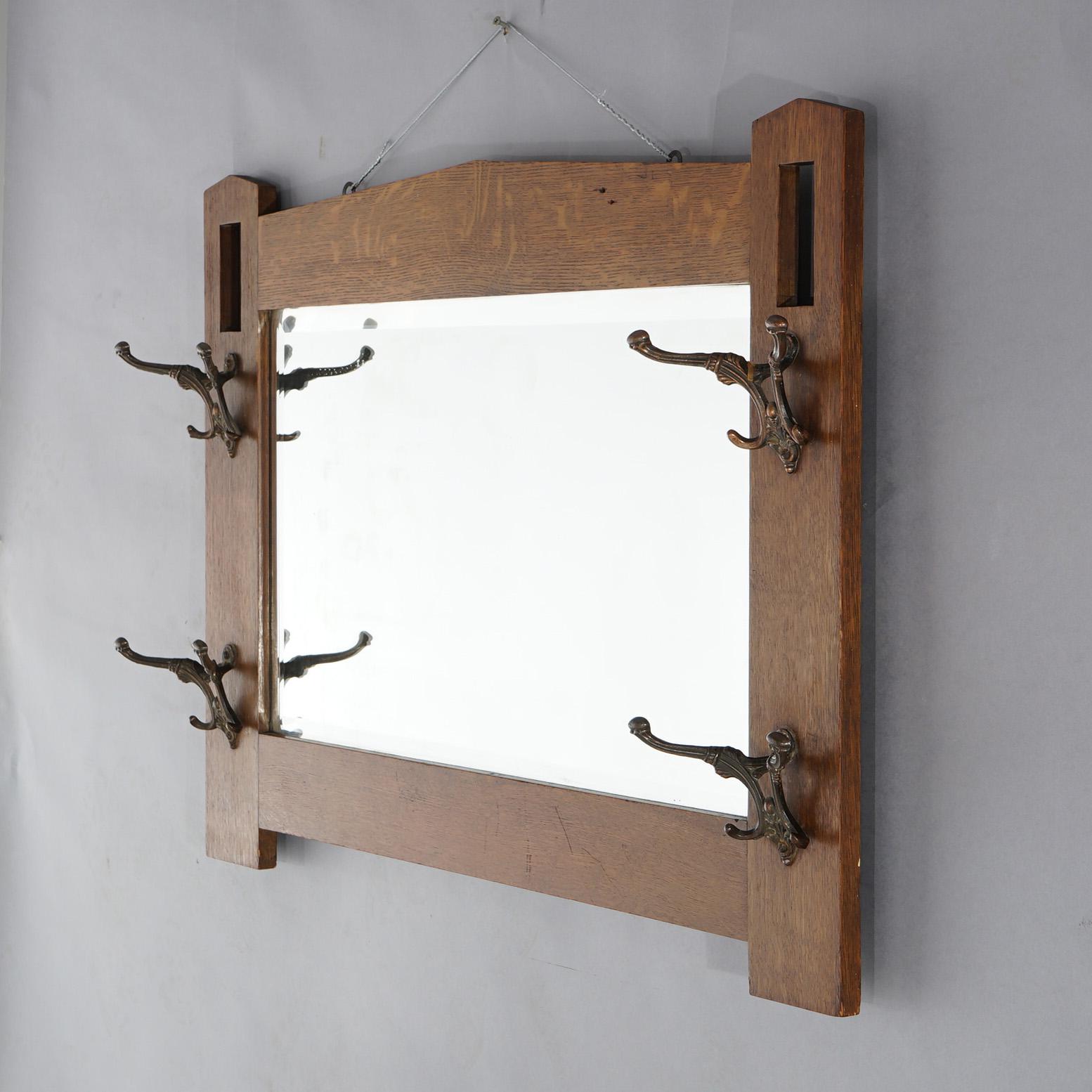 Arts and Crafts Antique Arts & Crafts Mission Oak Stickley School Wall Mirror with Hooks c1910