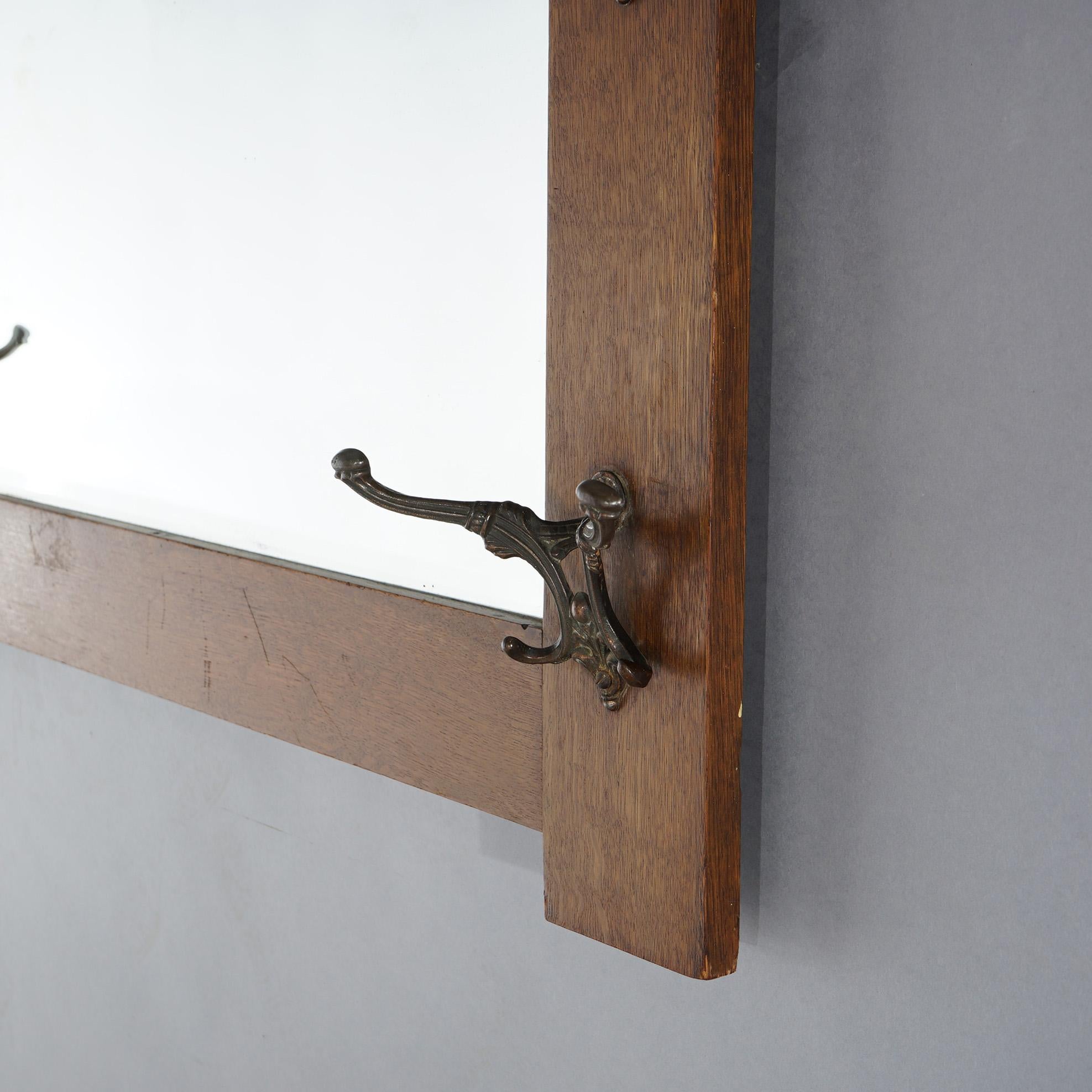American Antique Arts & Crafts Mission Oak Stickley School Wall Mirror with Hooks c1910