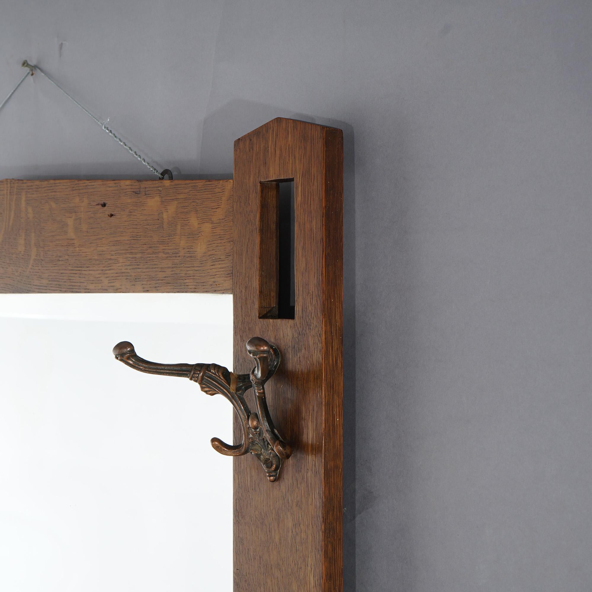 Antique Arts & Crafts Mission Oak Stickley School Wall Mirror with Hooks c1910 In Good Condition In Big Flats, NY