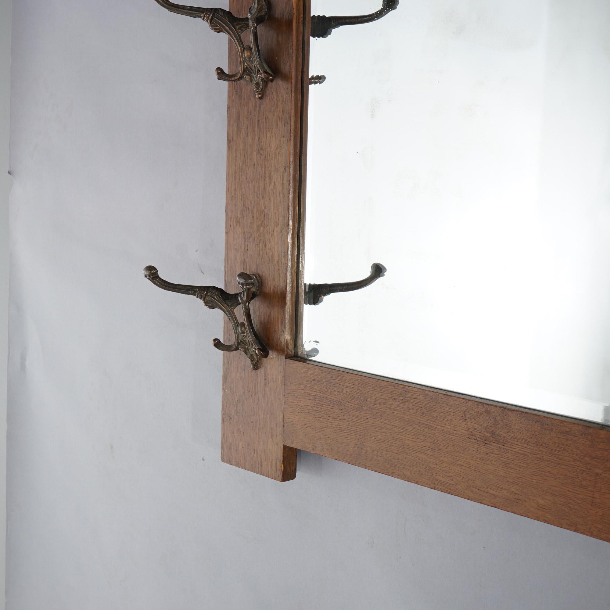 20th Century Antique Arts & Crafts Mission Oak Stickley School Wall Mirror with Hooks c1910