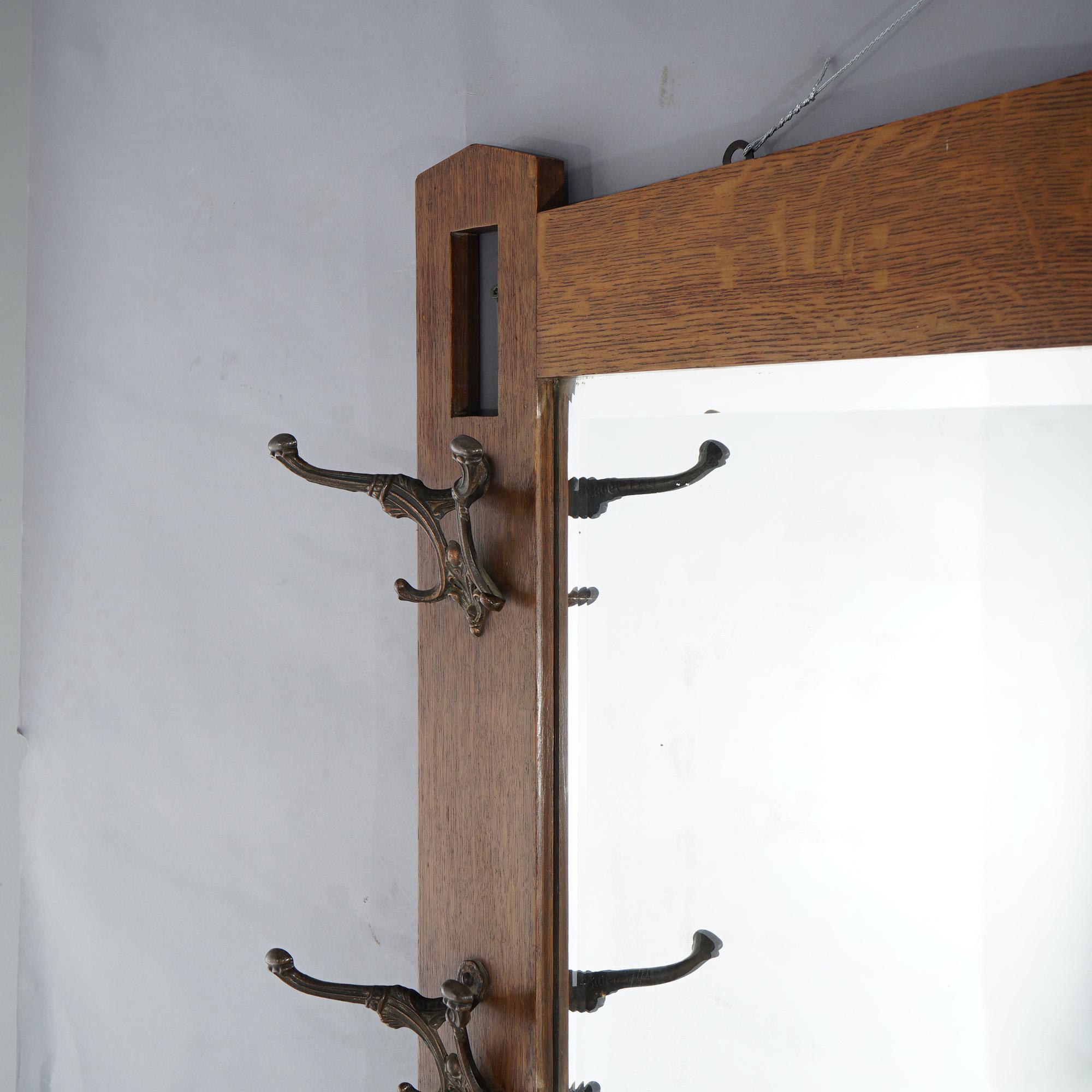 Antique Arts & Crafts Mission Oak Stickley School Wall Mirror with Hooks c1910 1