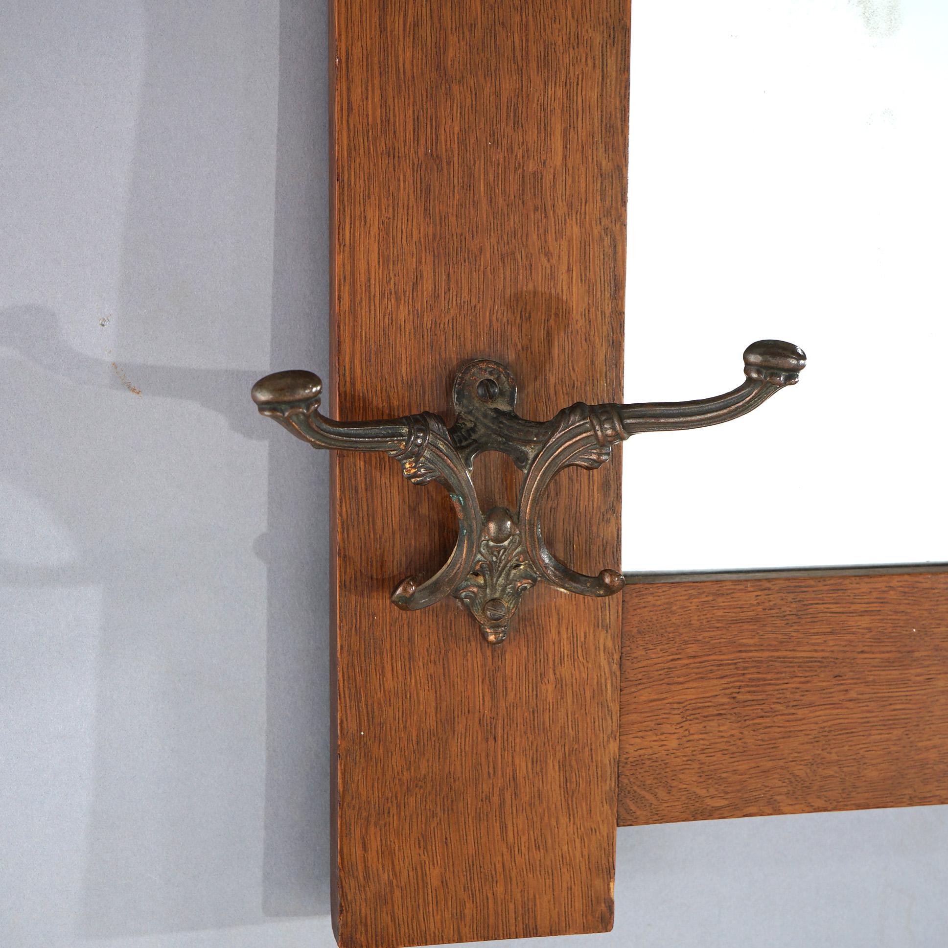 Antique Arts & Crafts Mission Oak Stickley School Wall Mirror with Hooks c1910 2
