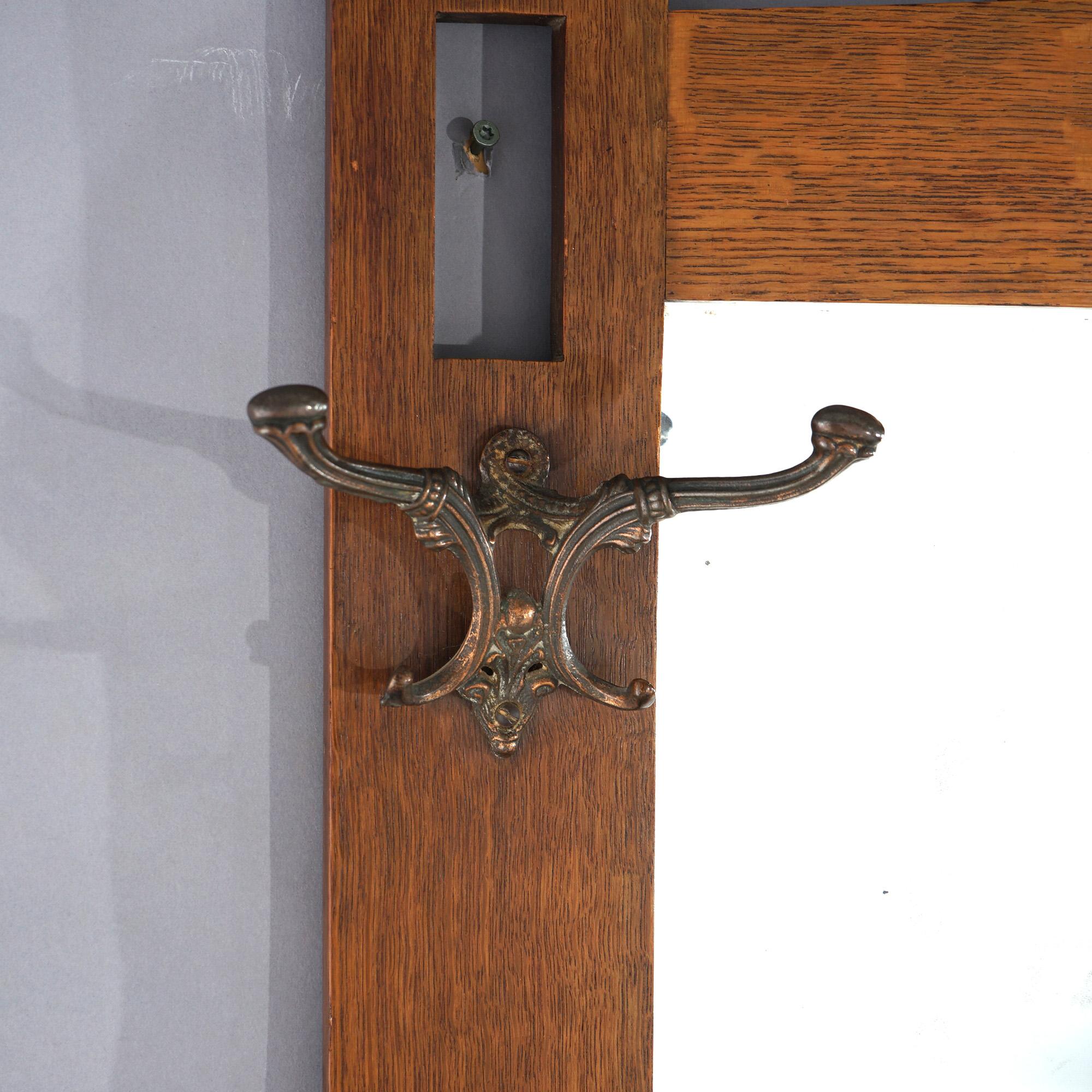Antique Arts & Crafts Mission Oak Stickley School Wall Mirror with Hooks c1910 3