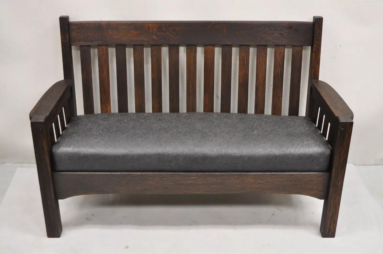 Arte Antiques Mission Arts & Crafts Oak Stickley Stile 14 Panca a Doghe Divano in vendita 5