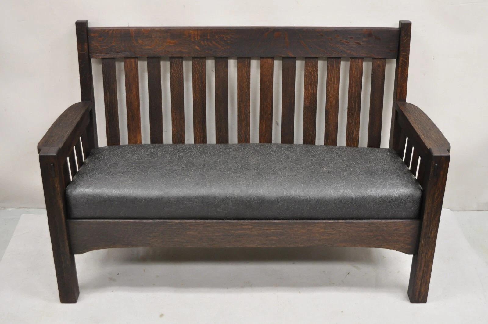 Antikes Arts and Crafts Mission Eichenholz Stickley Stil 14 Lattenrost Bank Settee Sofa im Angebot 8