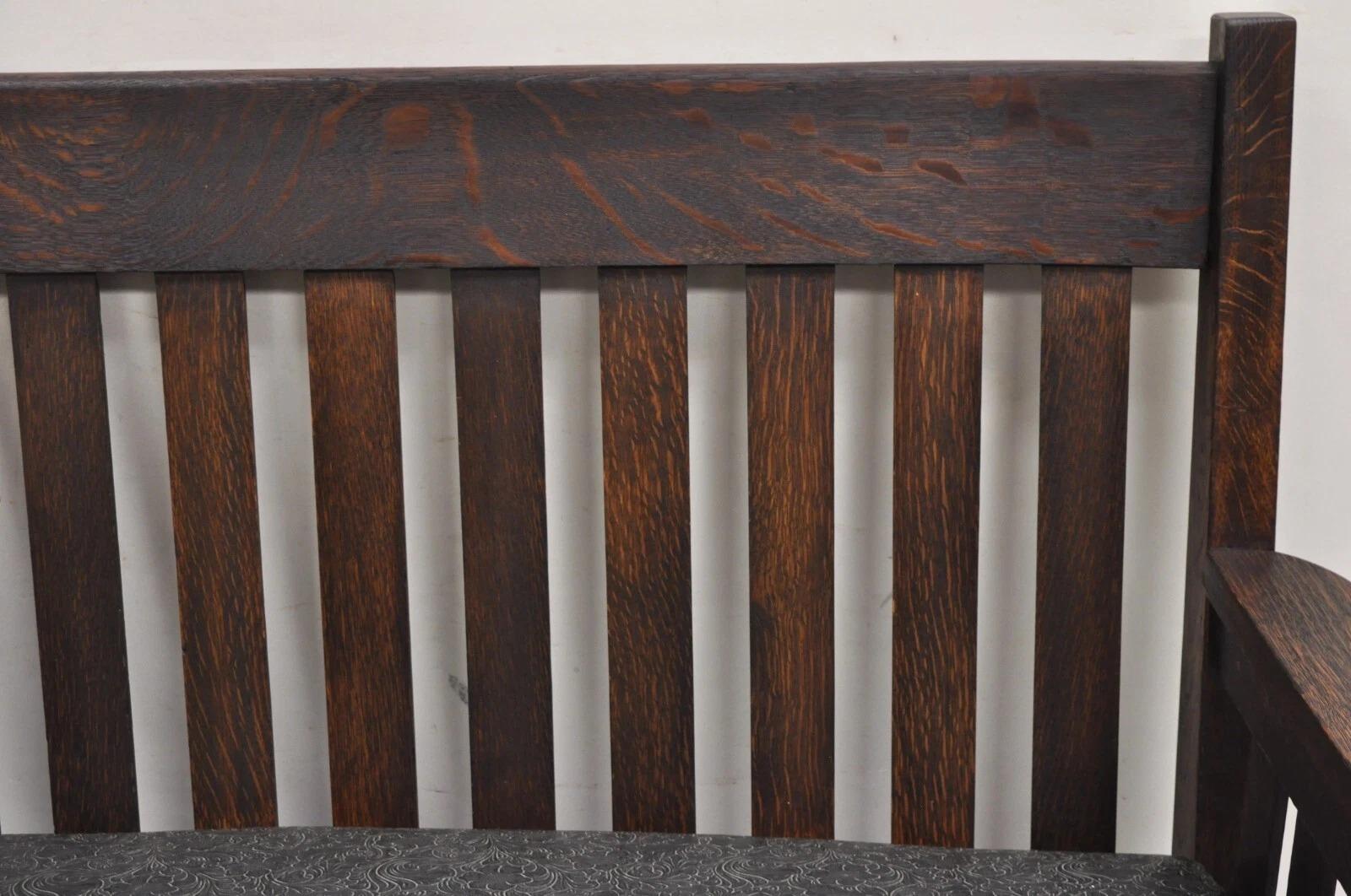 Antikes Arts and Crafts Mission Eichenholz Stickley Stil 14 Lattenrost Bank Settee Sofa im Angebot 1