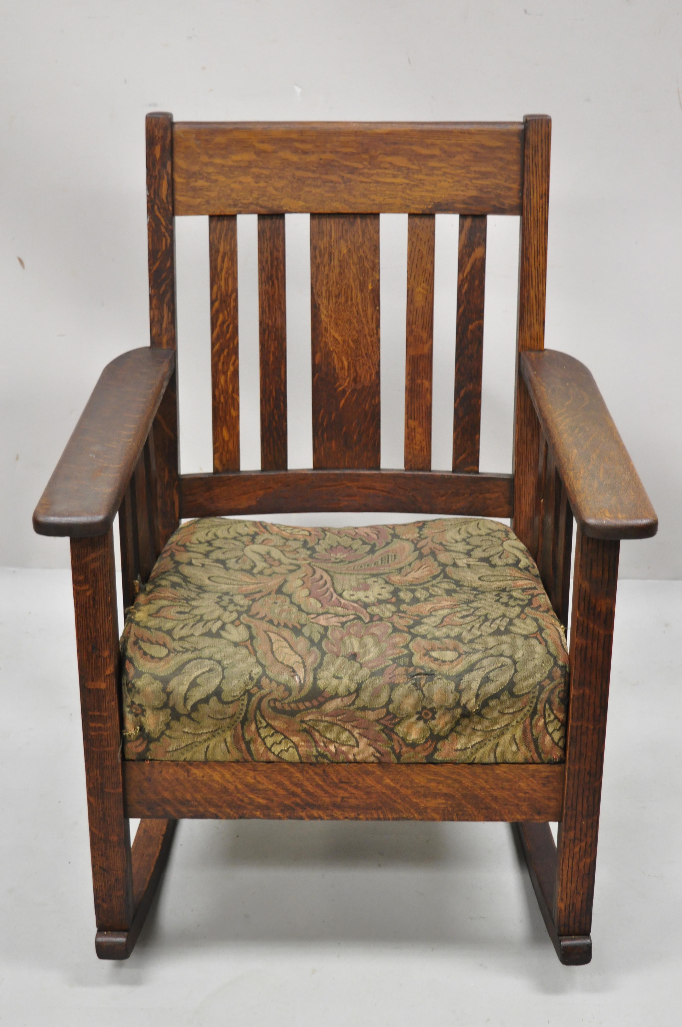 Antique Arts & Crafts Mission Oak Stickley Style Slat Back Rocker Rocking Chair 4