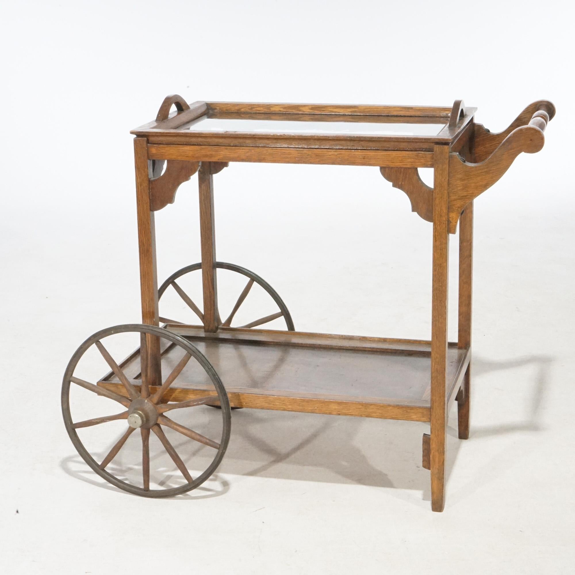 Glass Antique Arts & Crafts Mission Oak Tea Serving Cart, circa 1910 For Sale