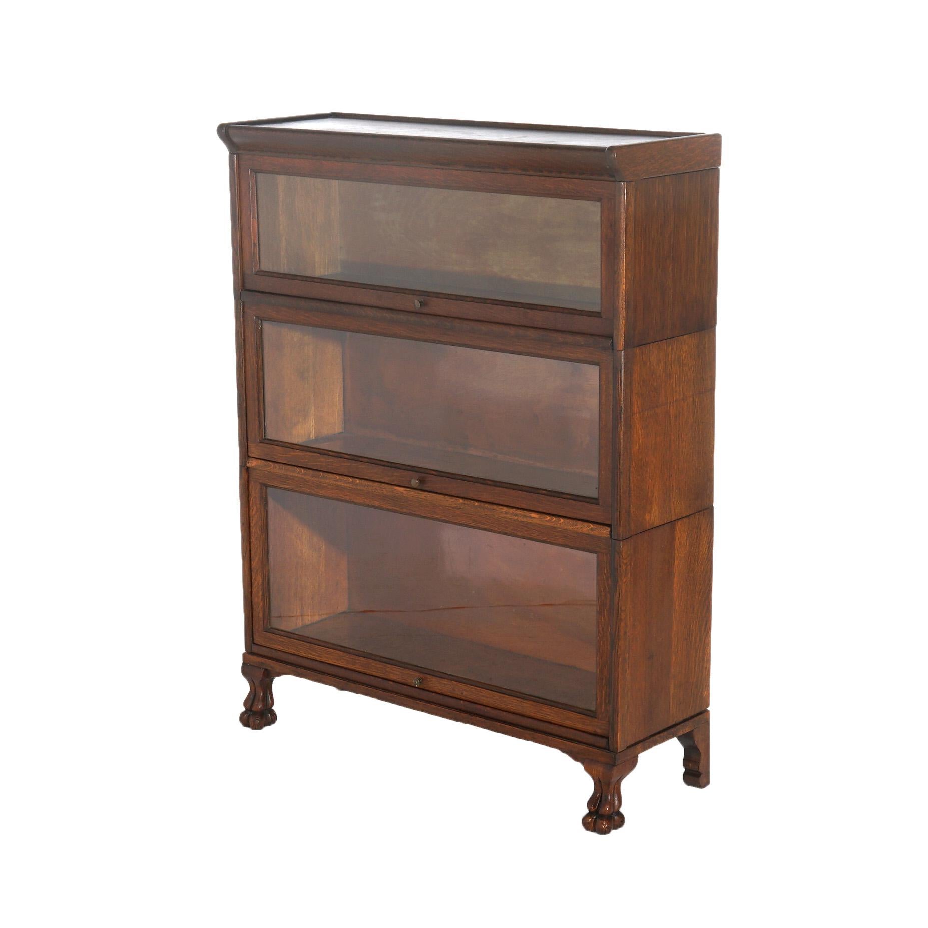 Antique Arts & Crafts Mission Oak Three Stack Claw Foot Barrister Bookcase c1920 In Good Condition In Big Flats, NY
