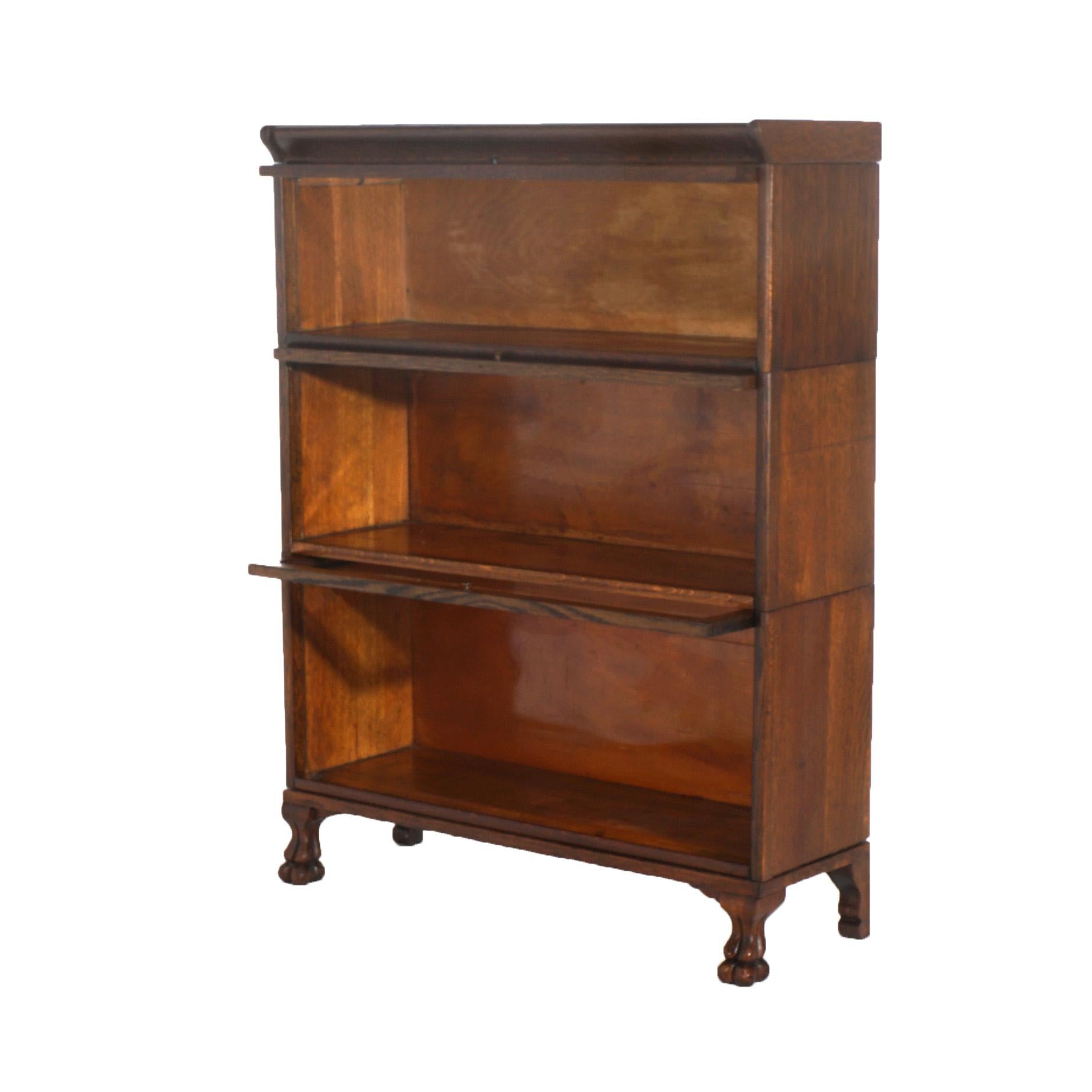Glass Antique Arts & Crafts Mission Oak Three Stack Claw Foot Barrister Bookcase c1920