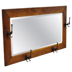 Antique Arts & Crafts Mission Oak Wood Beveled Glass Hall Mirror Iron Coat Hooks