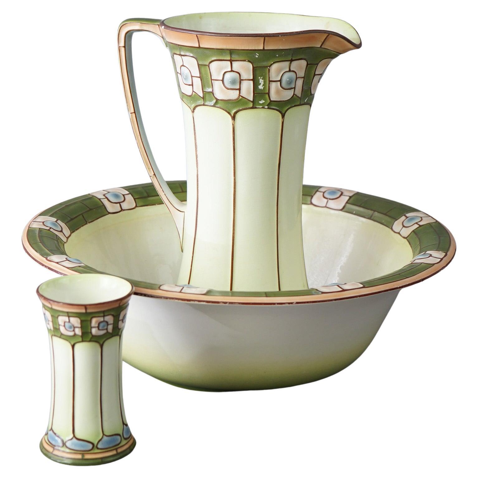 Antique Arts &Crafts Mission Porcelain Stylized ECLA Bowl & Pitcher Set, c1910 For Sale
