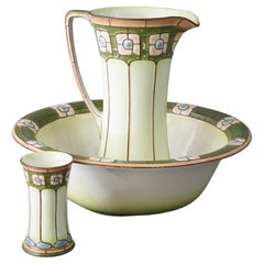 Antique Arts &Crafts Mission Porcelain Stylized ECLA Bowl & Pitcher Set, c1910