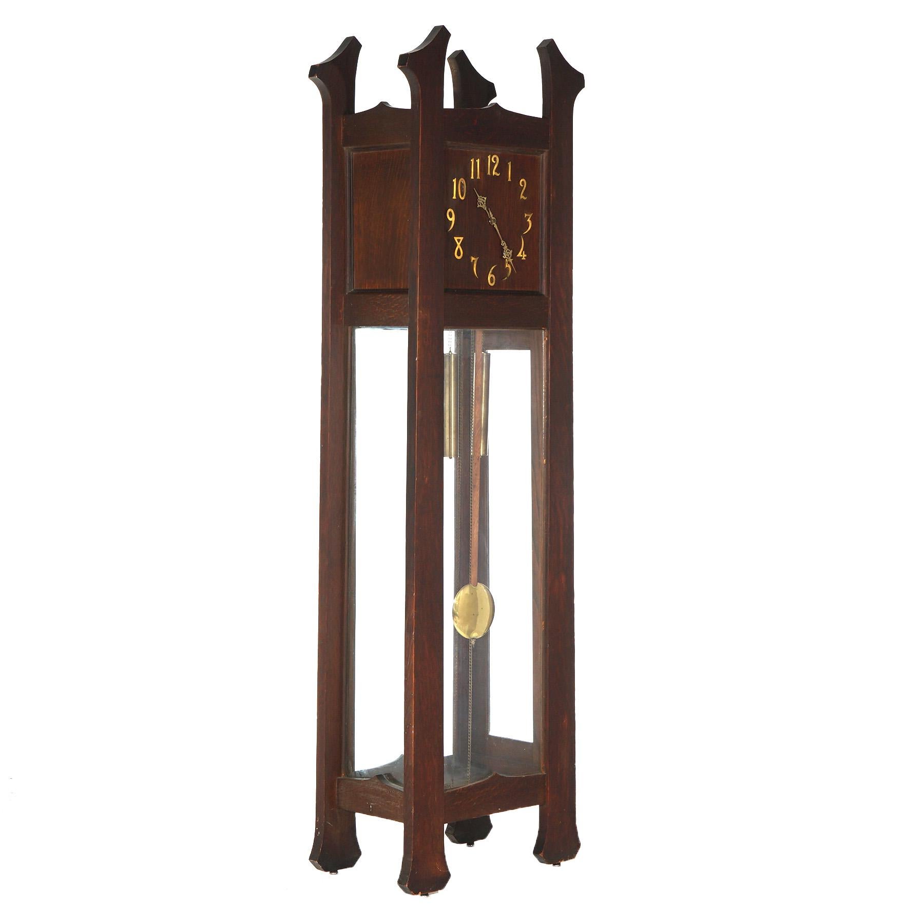 ***Ask About Reduced In-House Shipping Rates - Reliable Service & Fully Insured***
Antique Arts & Crafts Mission Stickley School Oak Open Escapement Grandfather Clock with Stylized Feet, C1910

Measures - 80.75
