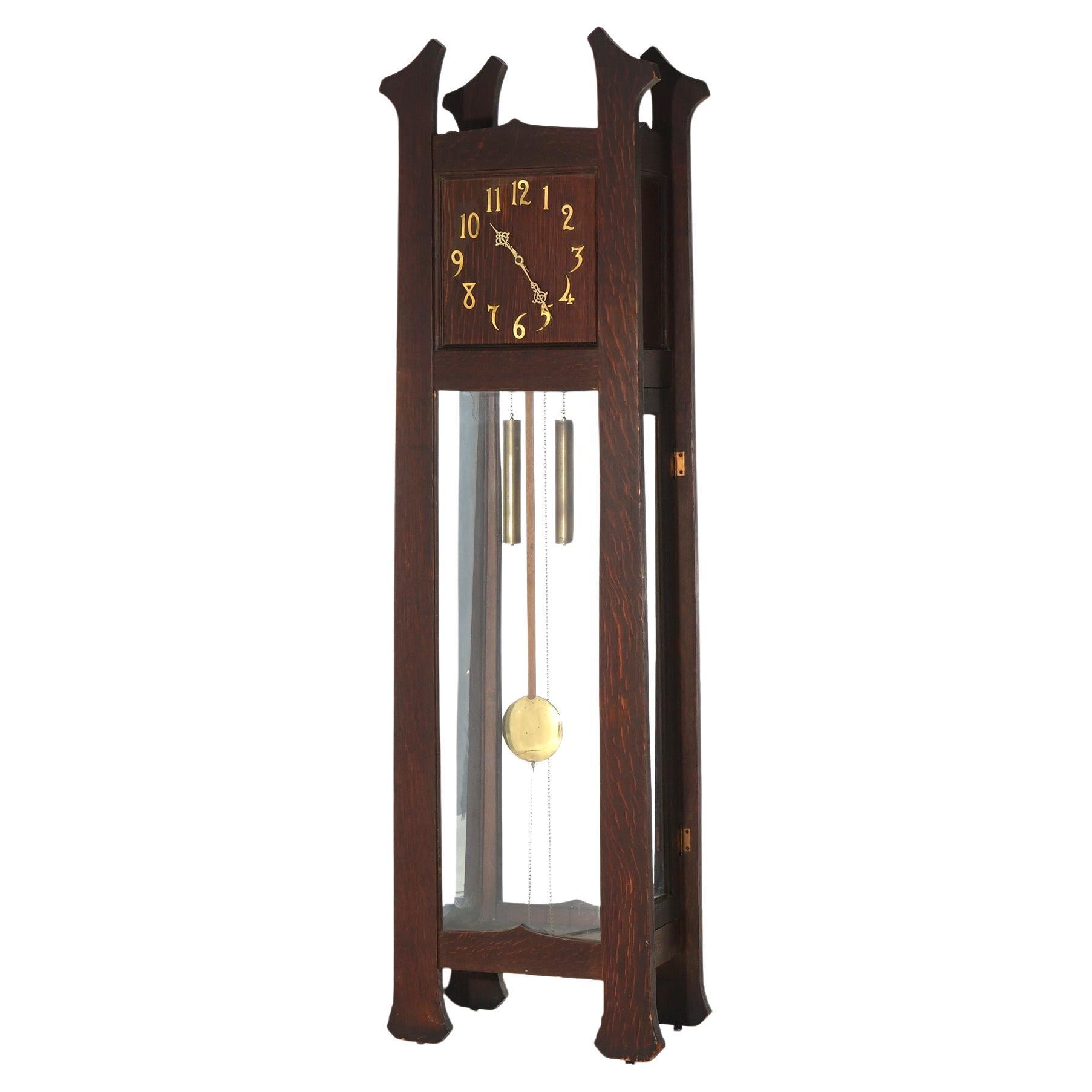 Antique Arts & Crafts Mission Stickley School Oak Grandfather Clock C1910 For Sale
