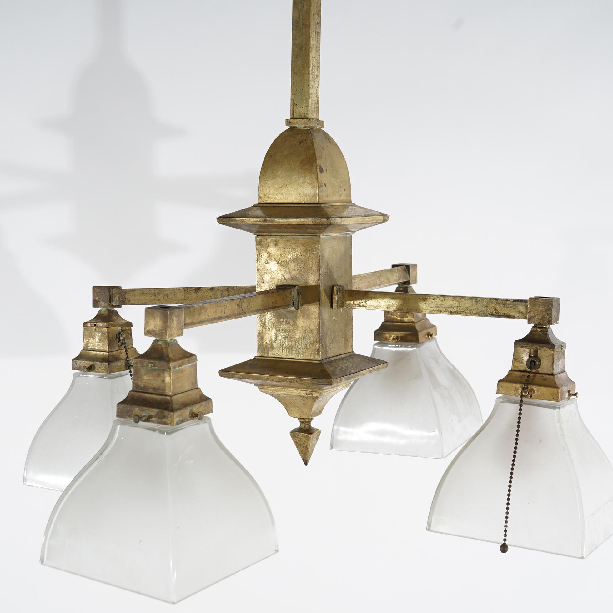 Antique Arts & Crafts Mission Style Four Light Hanging Fixture Circa 1910 In Good Condition In Big Flats, NY