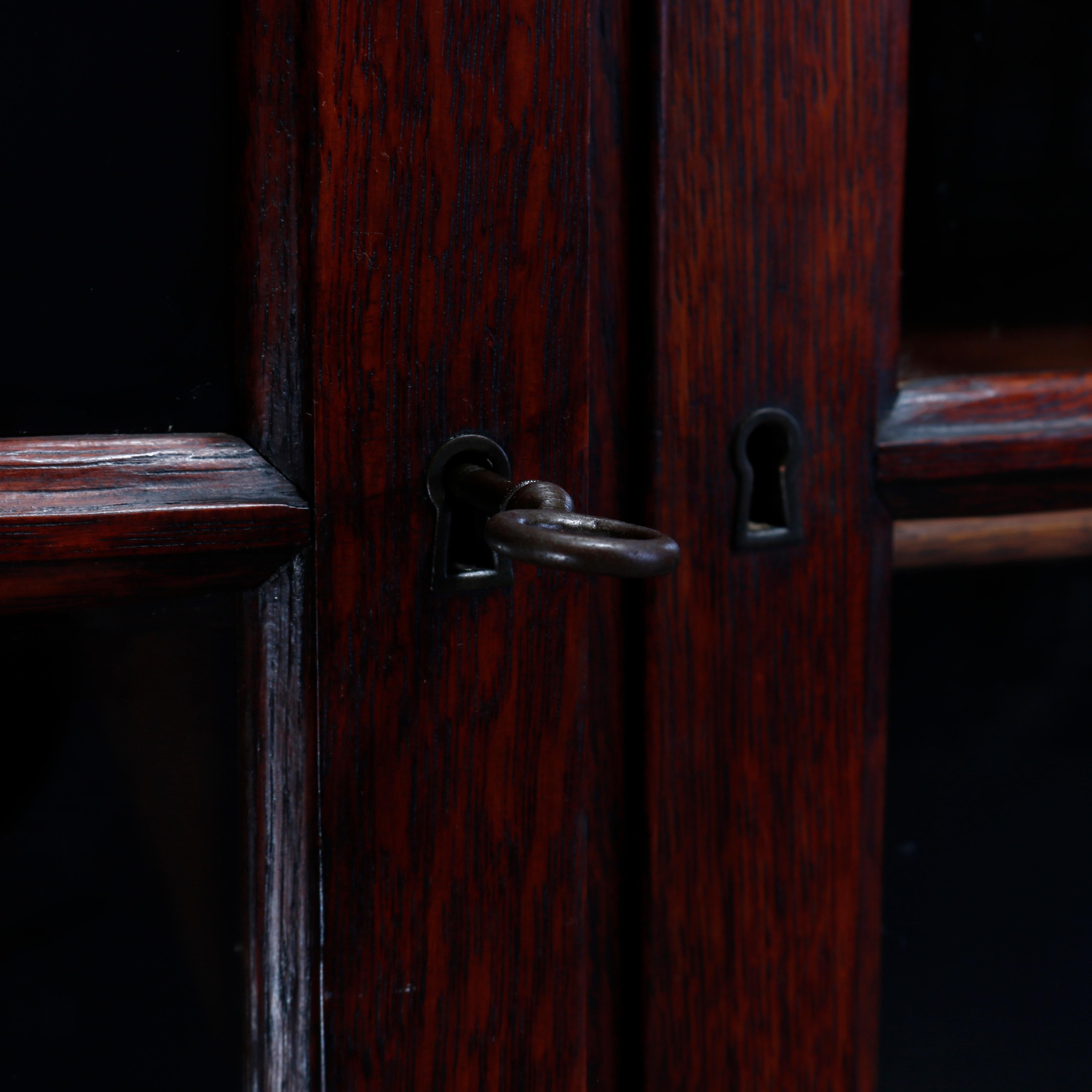 Antique Arts & Crafts Mission Style Oak Three-Door Bookcase, circa 1910 2
