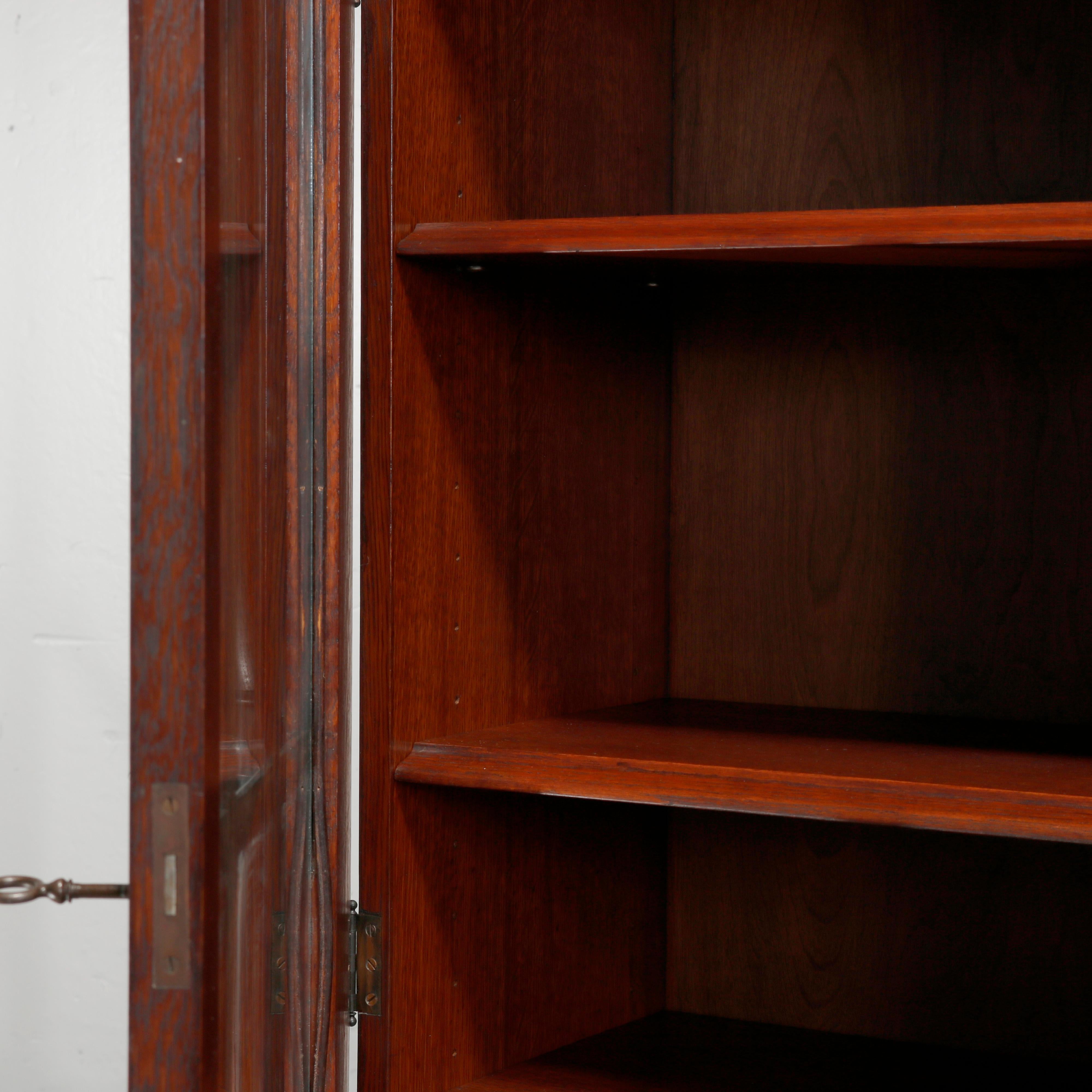Glass Antique Arts & Crafts Mission Style Oak Three-Door Bookcase, circa 1910