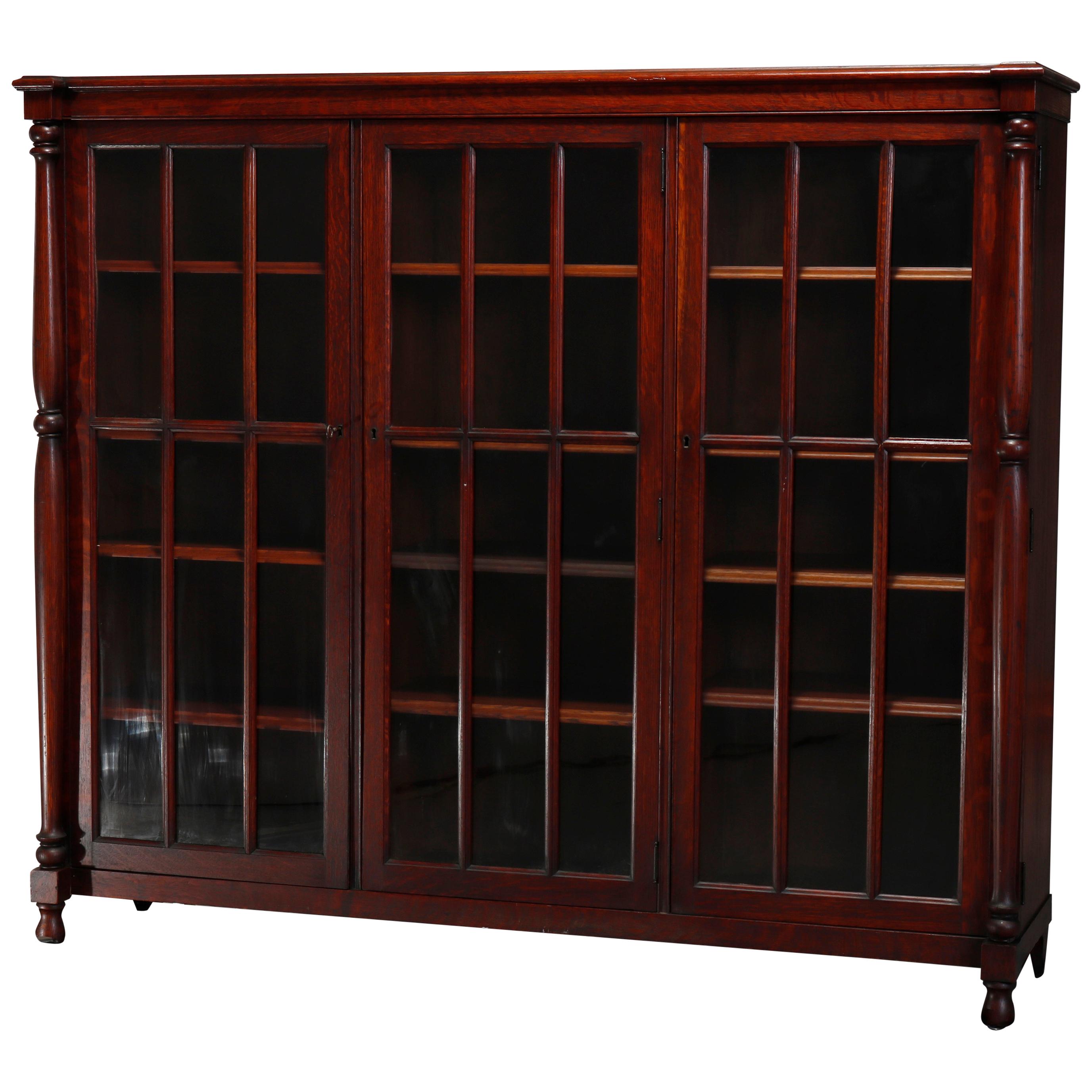 Antique Arts & Crafts Mission Style Oak Three-Door Bookcase, circa 1910