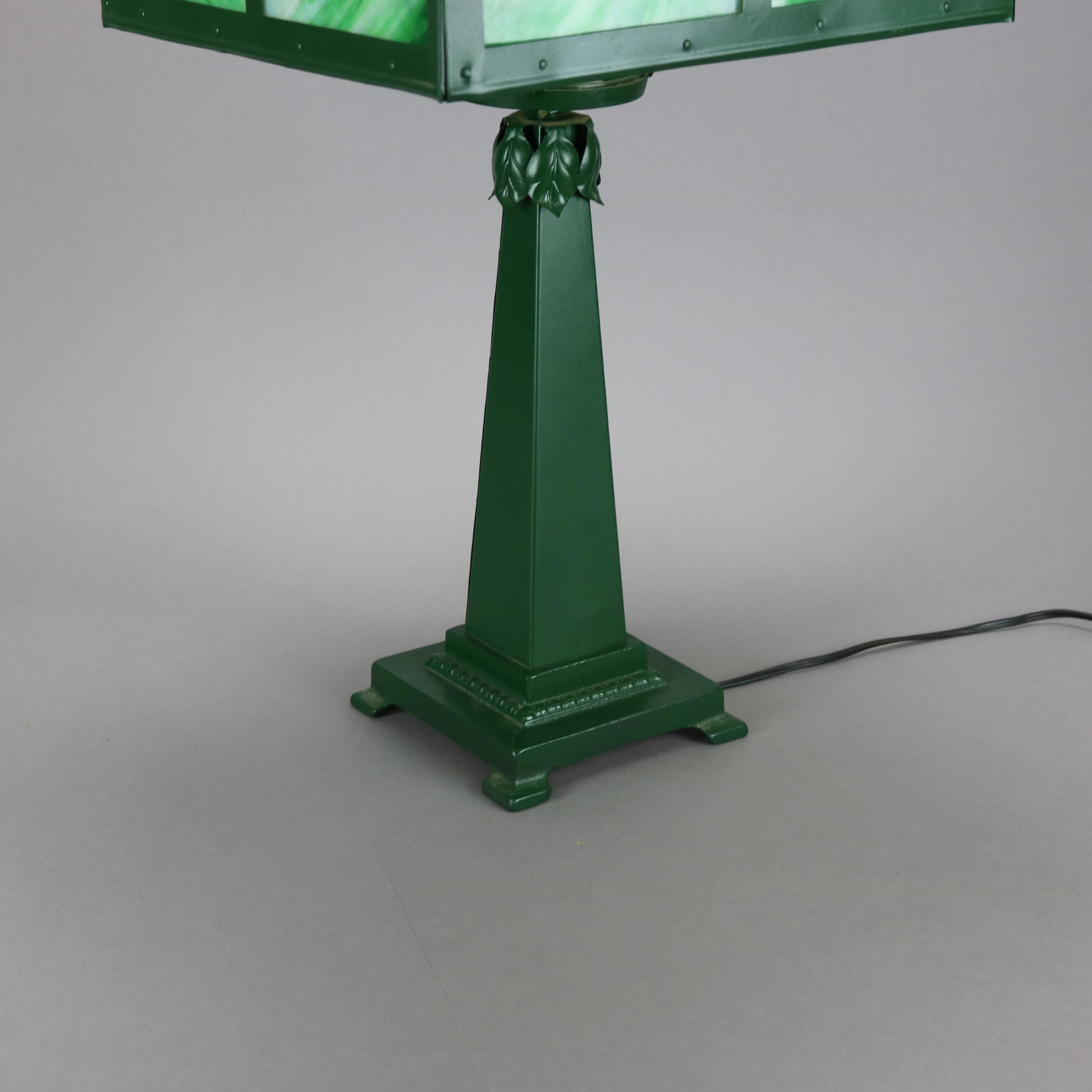 American Antique Arts & Crafts Mission Wrought Metal Slag Glass Table Lamp Circa 1920