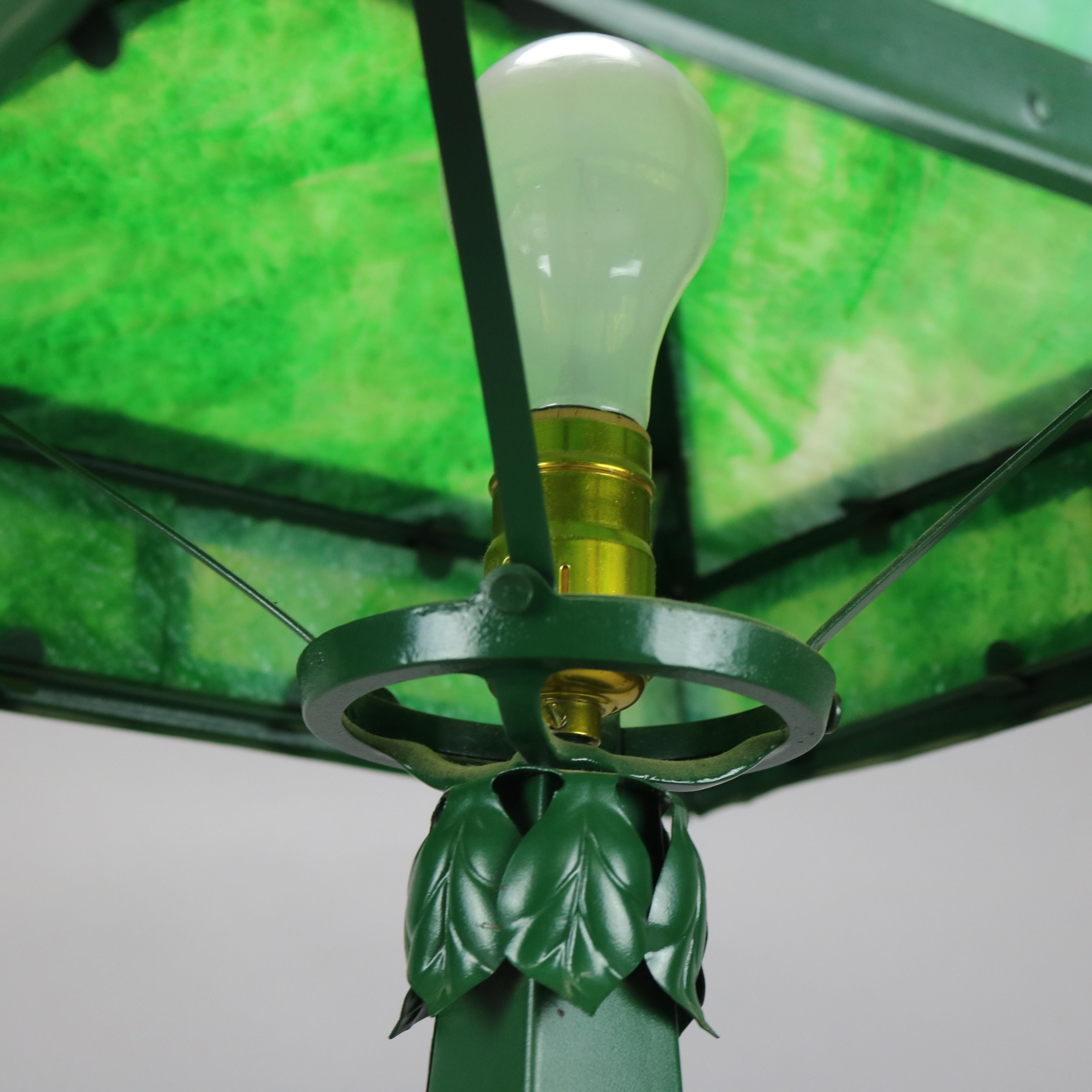 Antique Arts & Crafts Mission Wrought Metal Slag Glass Table Lamp Circa 1920 In Good Condition In Big Flats, NY
