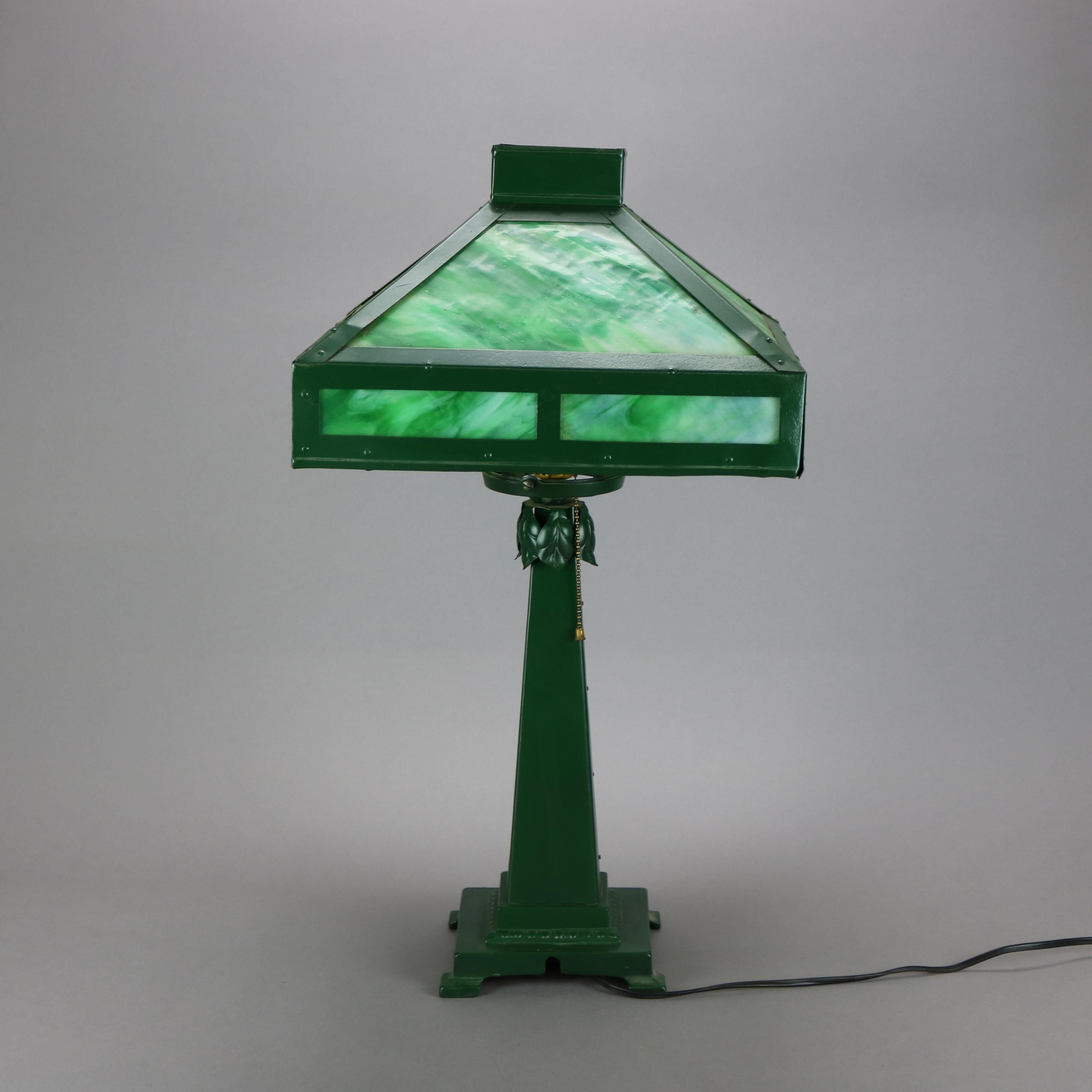 Antique Arts & Crafts Mission Wrought Metal Slag Glass Table Lamp Circa 1920 1