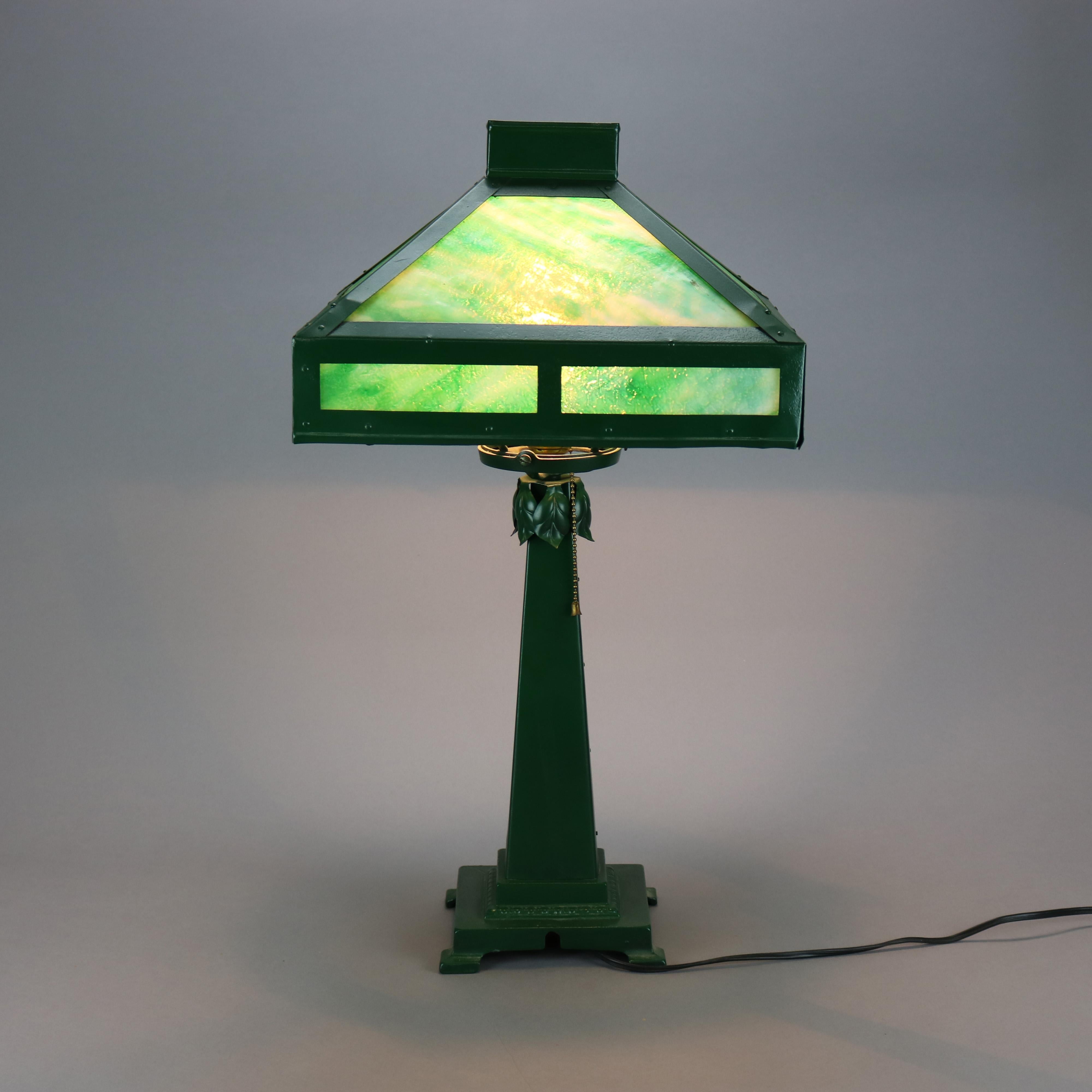 Antique Arts & Crafts Mission Wrought Metal Slag Glass Table Lamp Circa 1920 2