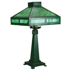 Antique Arts & Crafts Mission Wrought Metal Slag Glass Table Lamp Circa 1920