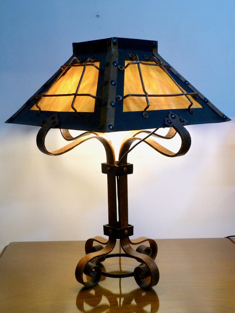 Antique Arts and Crafts Misson Hammered Iron and Copper Pair of Lamps ...