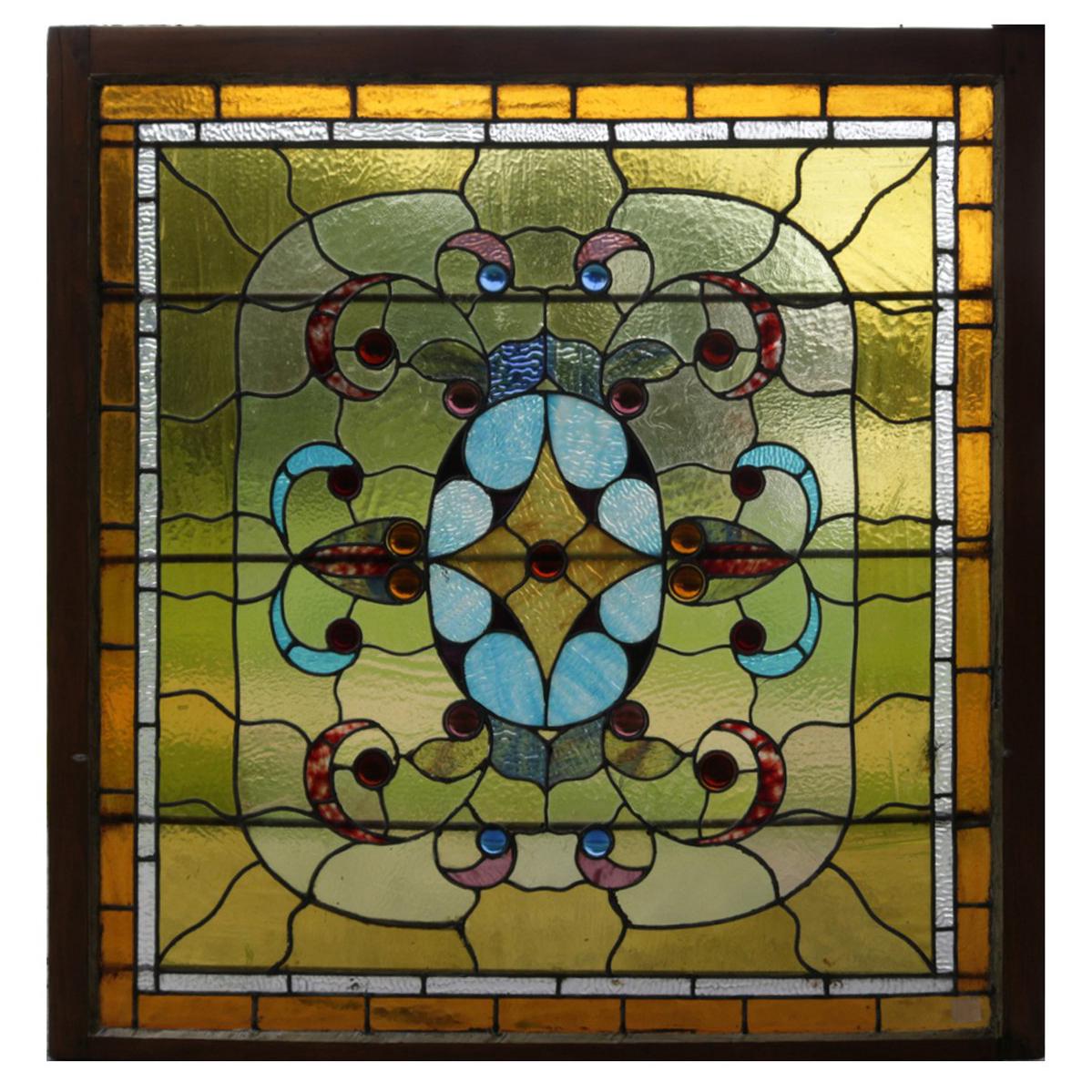 Antique Arts 
Crafts Mosaic Leaded Glass and Jeweled Bullseye Window