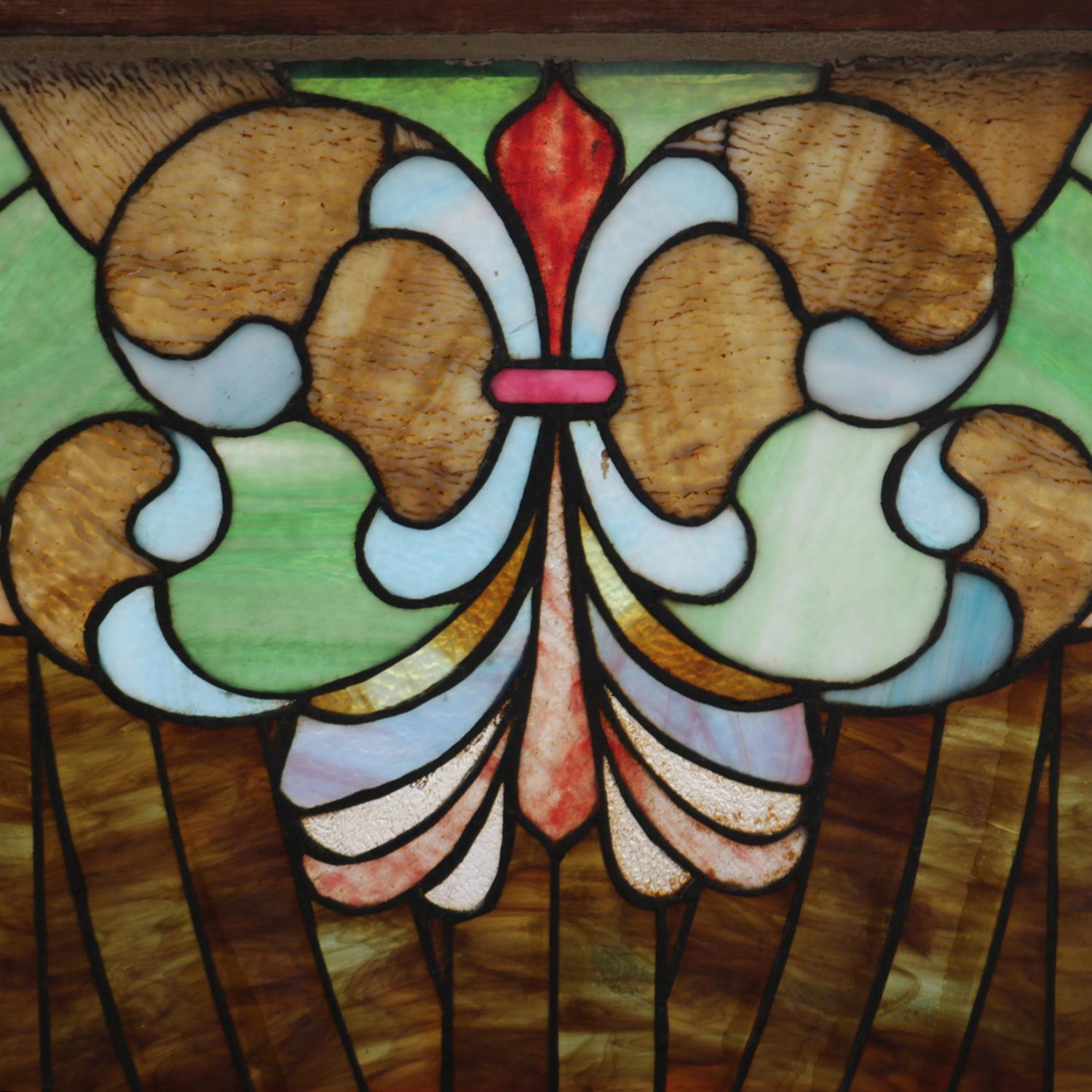 Arts and Crafts Antique Arts & Crafts Mosaic Leaded Glass Window, Stylized Fleur-de-Lis