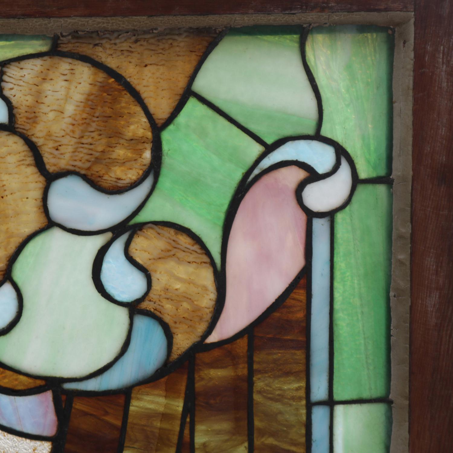 American Antique Arts & Crafts Mosaic Leaded Glass Window, Stylized Fleur-de-Lis