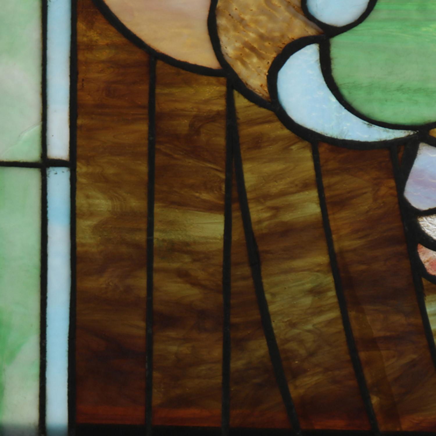 20th Century Antique Arts & Crafts Mosaic Leaded Glass Window, Stylized Fleur-de-Lis