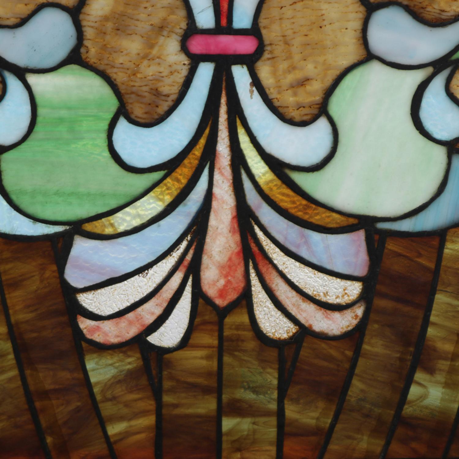 Slag Glass Antique Arts & Crafts Mosaic Leaded Glass Window, Stylized Fleur-de-Lis