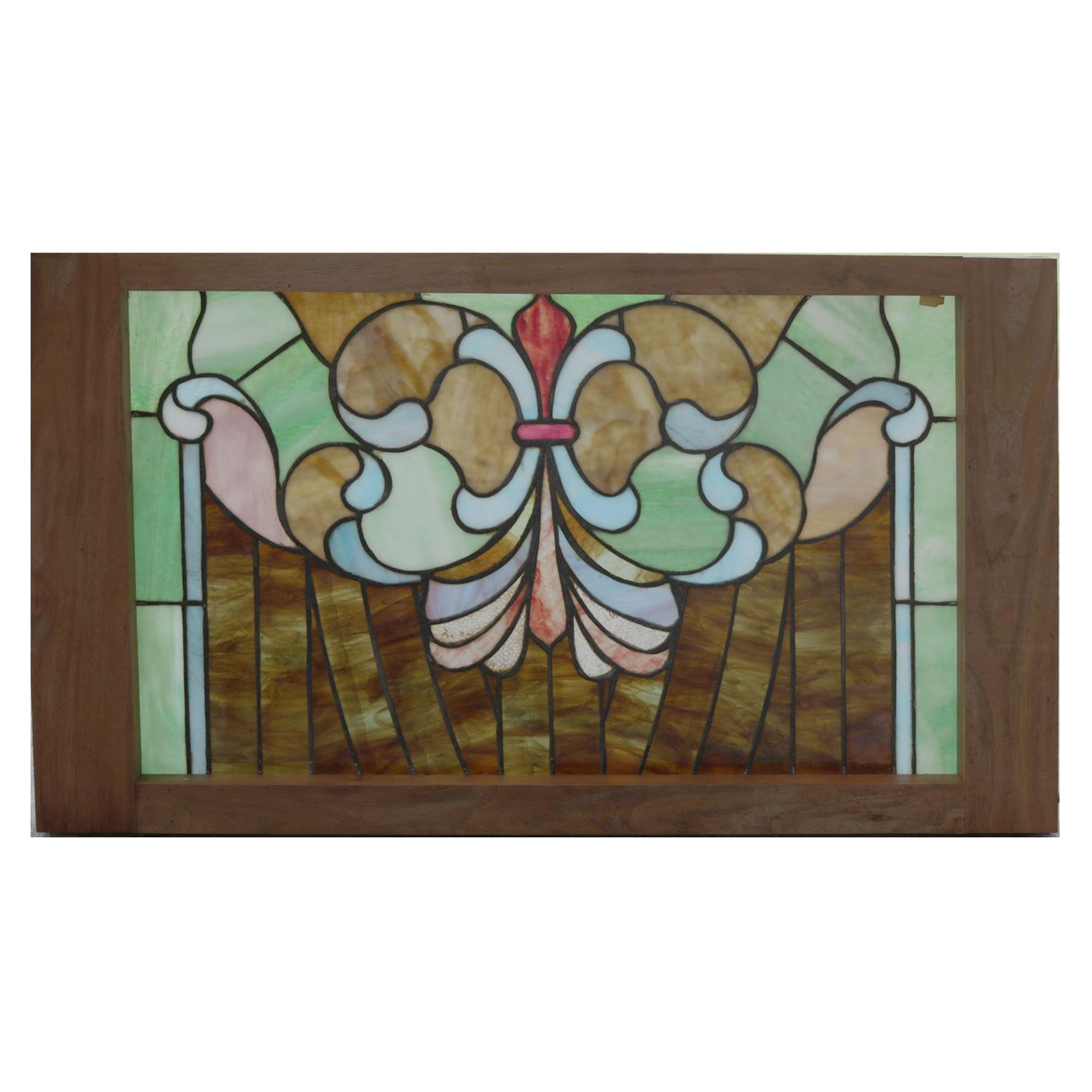 Antique Arts & Crafts Mosaic Leaded Glass Window, Stylized Fleur-de-Lis