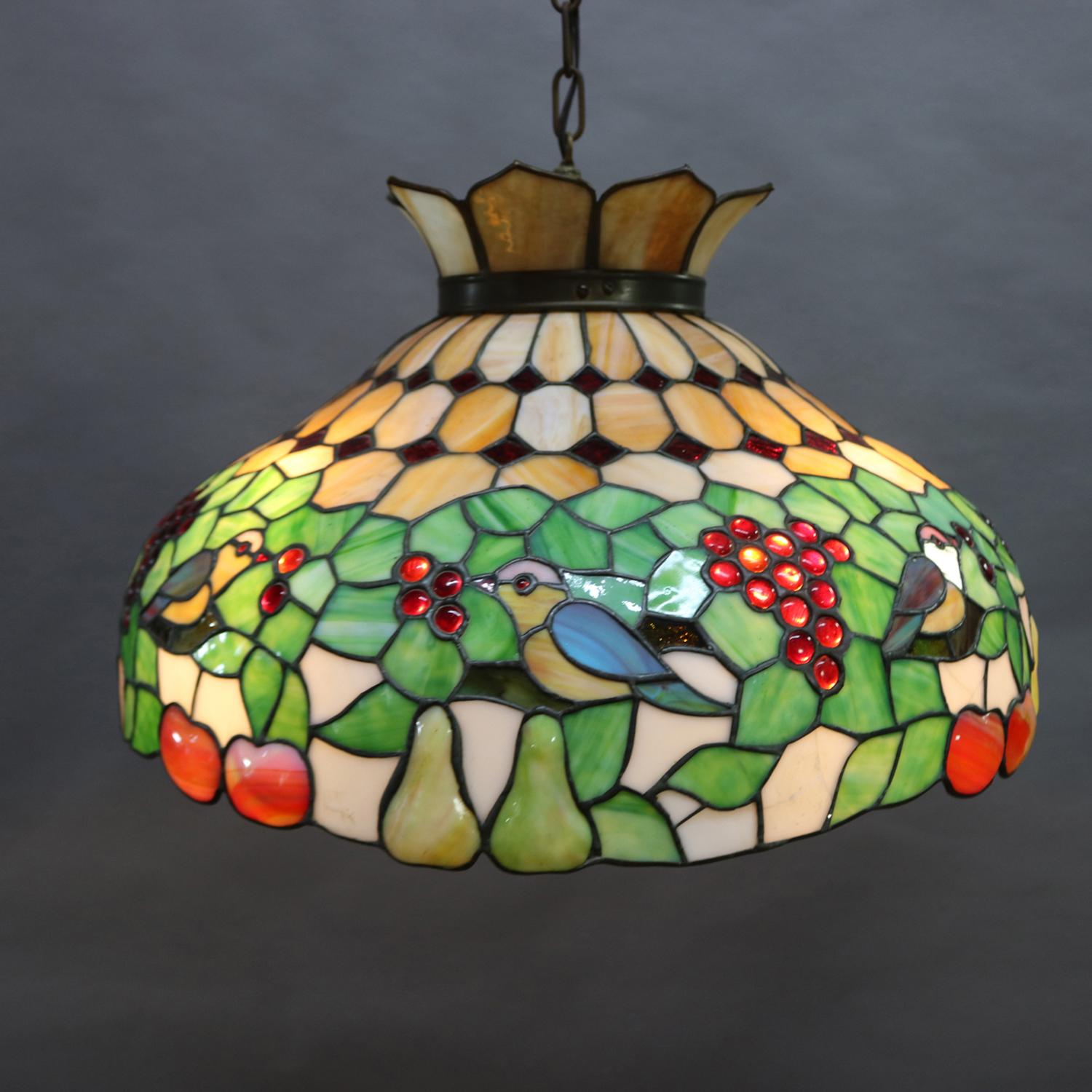 American Antique Arts & Crafts Mosaic Slag Glass Dome Chandelier, Grapes and Birds