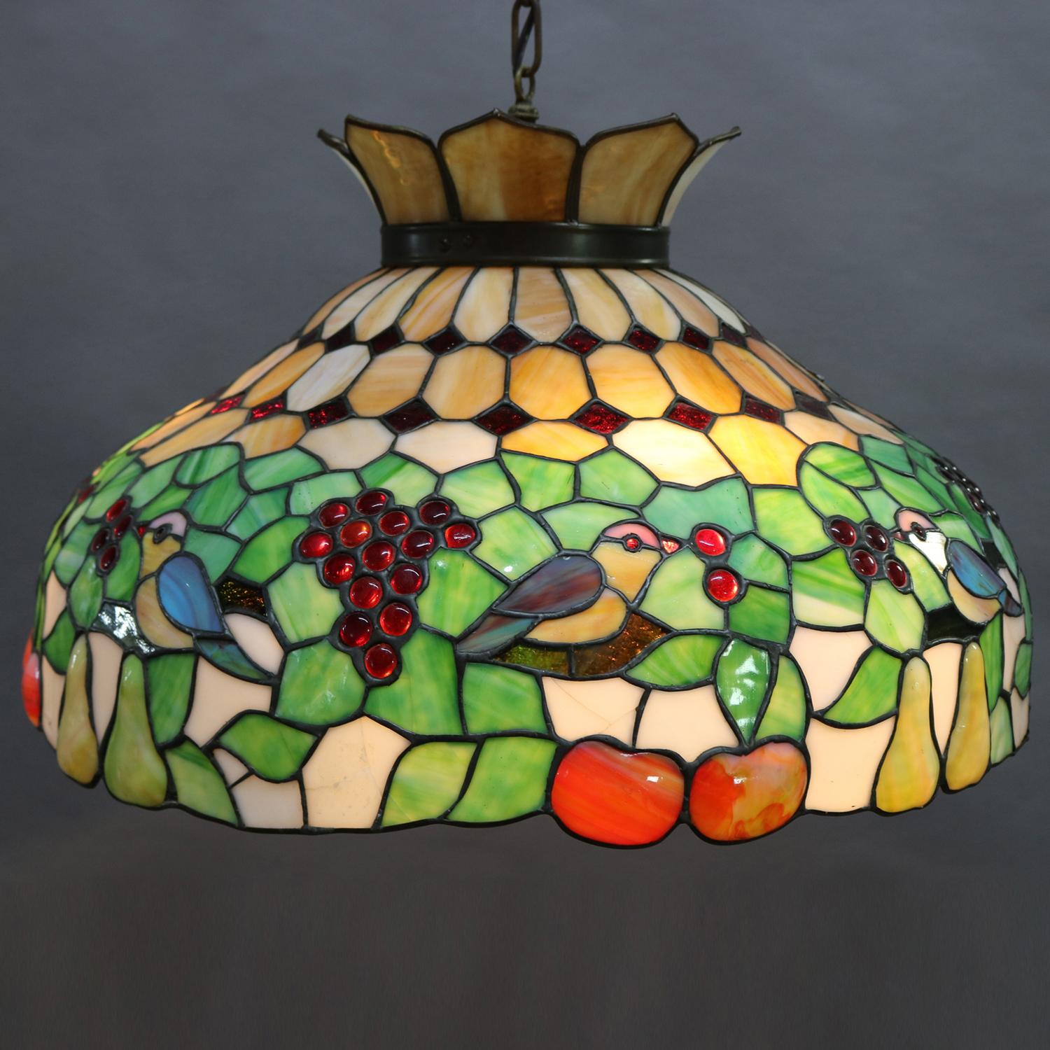 Antique Arts & Crafts Mosaic Slag Glass Dome Chandelier, Grapes and Birds In Good Condition In Big Flats, NY