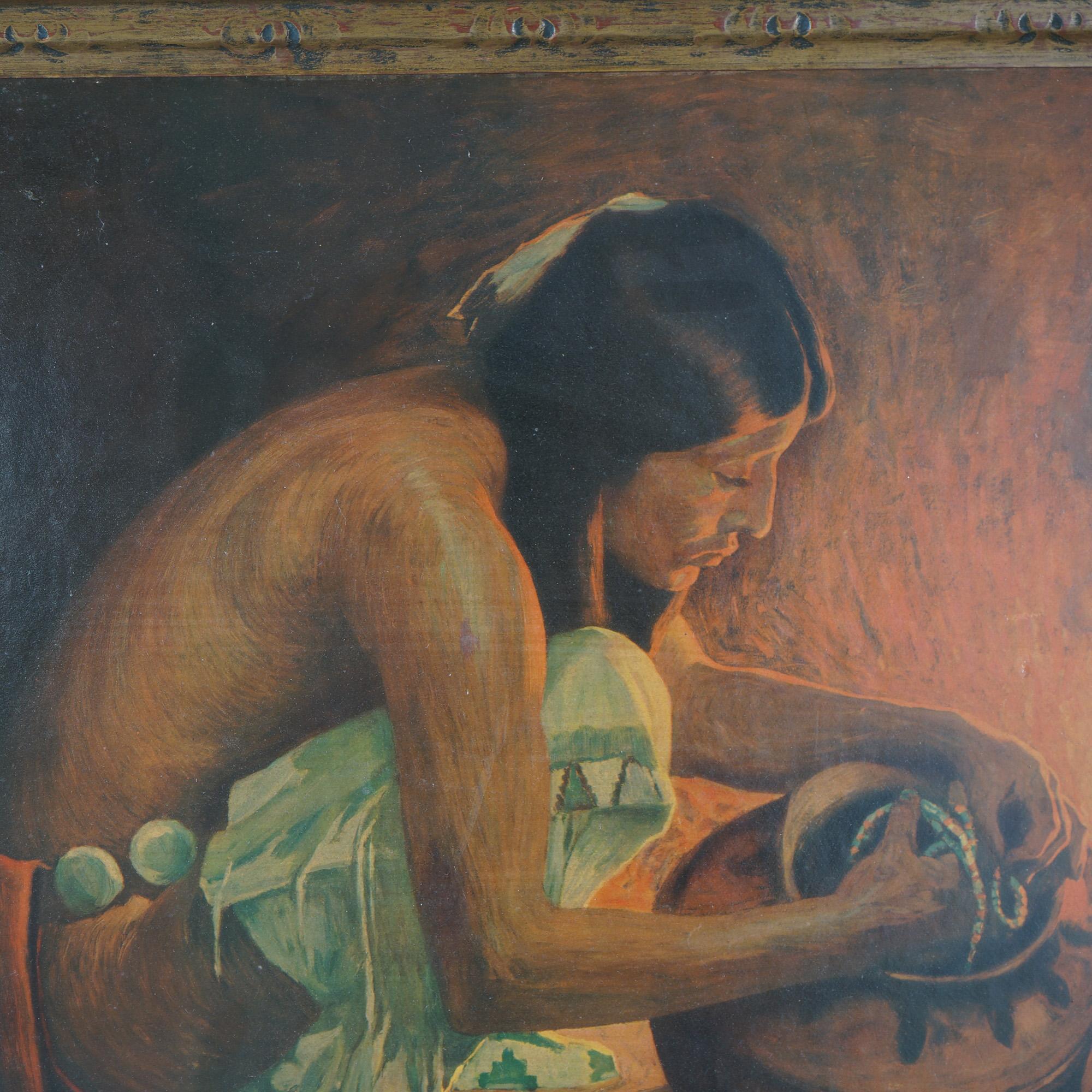 An antique Arts & Crafts Navajo painting by E. I. Couse titled “Treasure Jar” offers oil on panel scene with figure with a pottery jar and jewelry, signed, c1930

Measures - 26