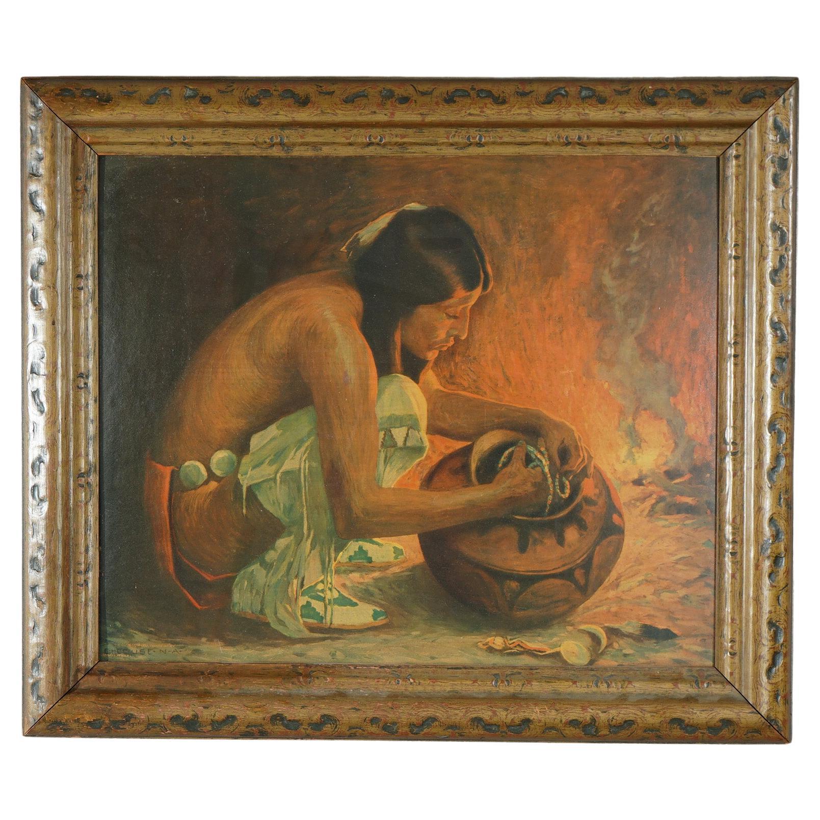 Antique Arts & Crafts Navajo Painting “Treasure Jar” by E.I. Couse Circa 