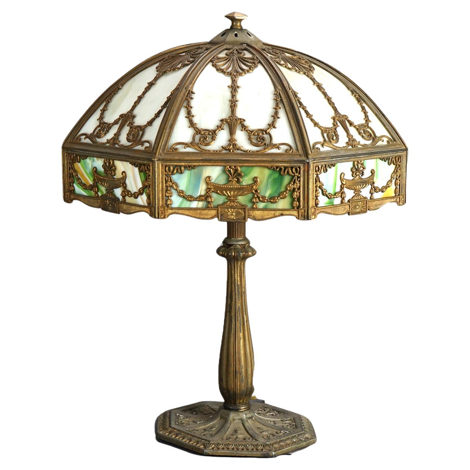 Antique Arts & Crafts Neoclassical Bradley & Hubbard Slag Glass Table Lamp C1920 For Sale