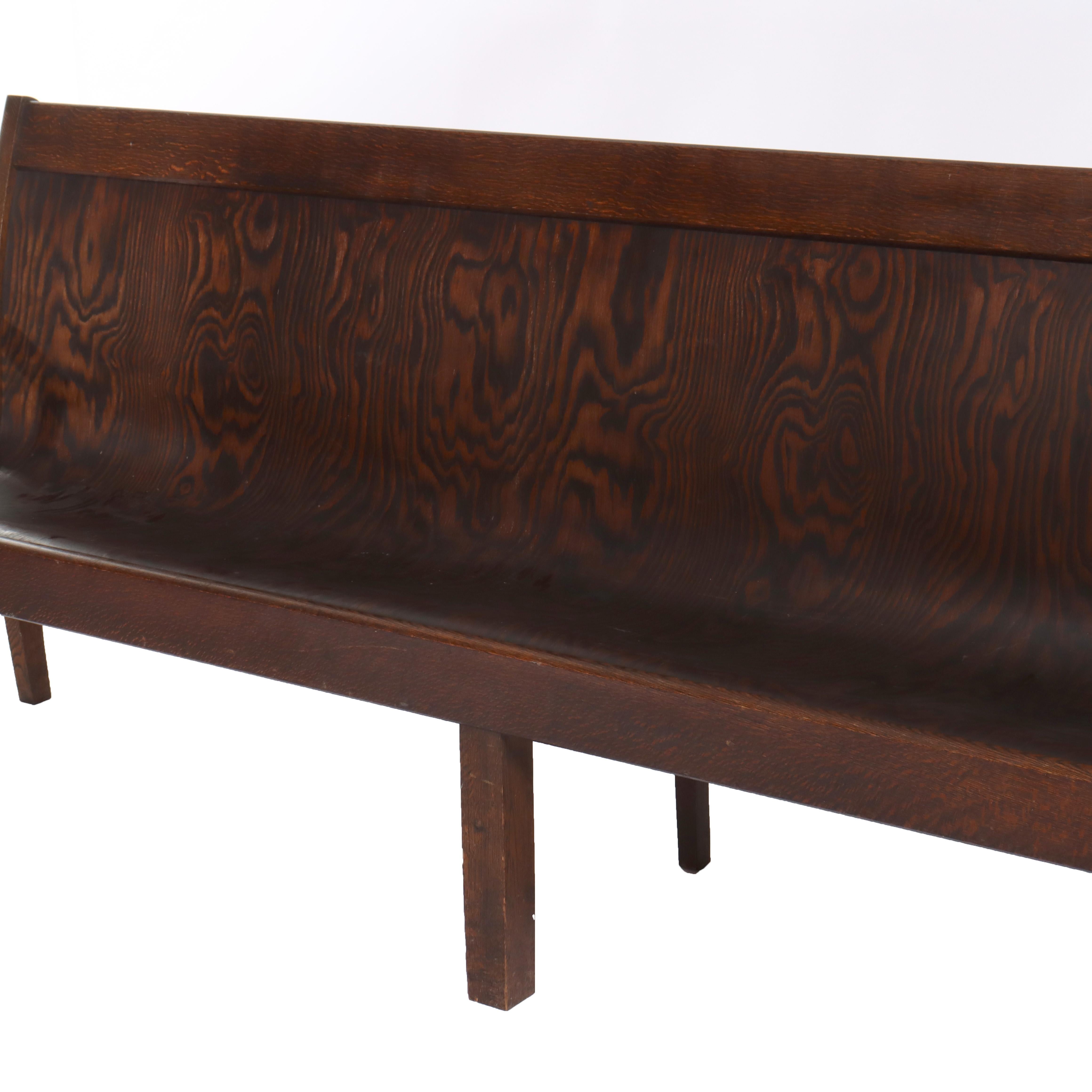 Antique Arts & Crafts Oak 10-Foot Train Station Long Bench C1920 In Good Condition For Sale In Big Flats, NY